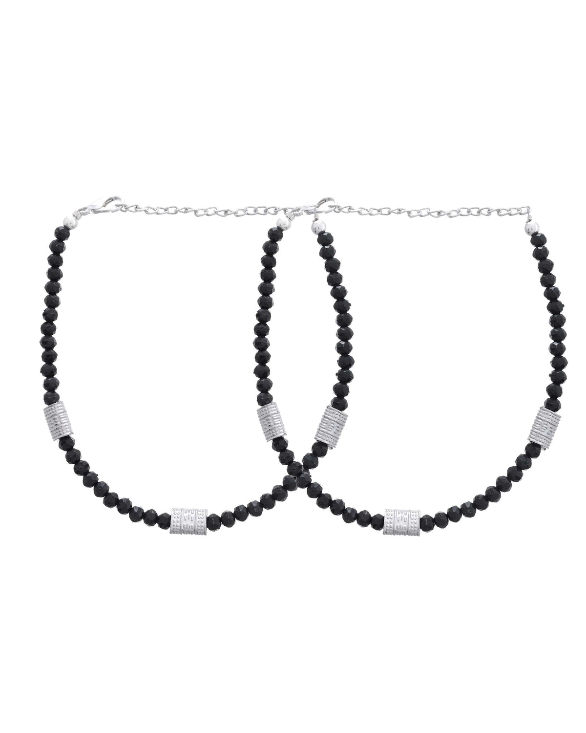 Jewels Nest Set of 2 Silver-Plated Anklets with Polished Black Beads and Barrel Charms | Grocsy