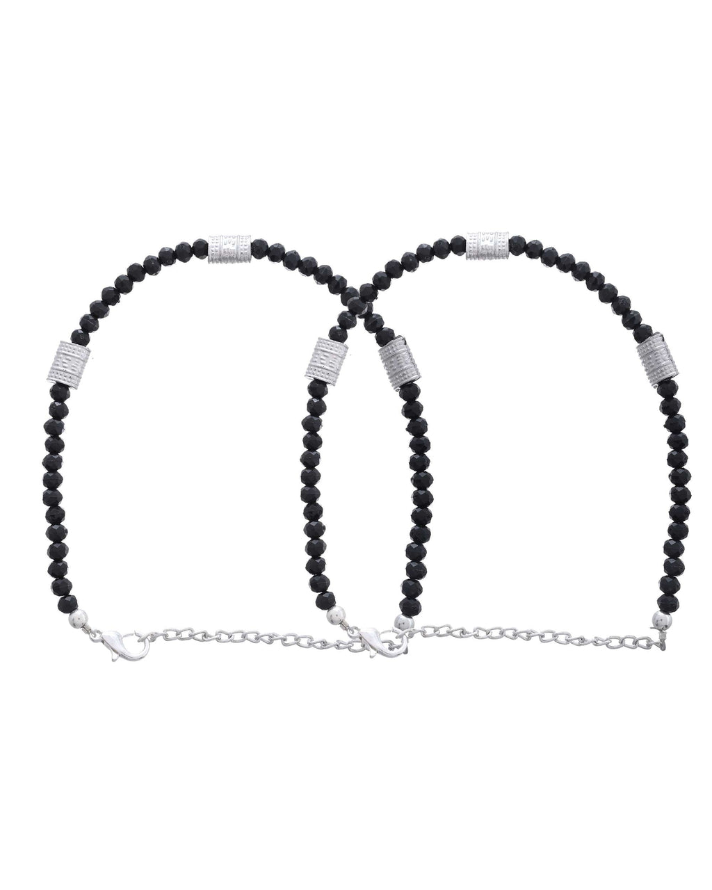 Jewels Nest Set of 2 Silver-Plated Anklets with Polished Black Beads and Barrel Charms | Grocsy