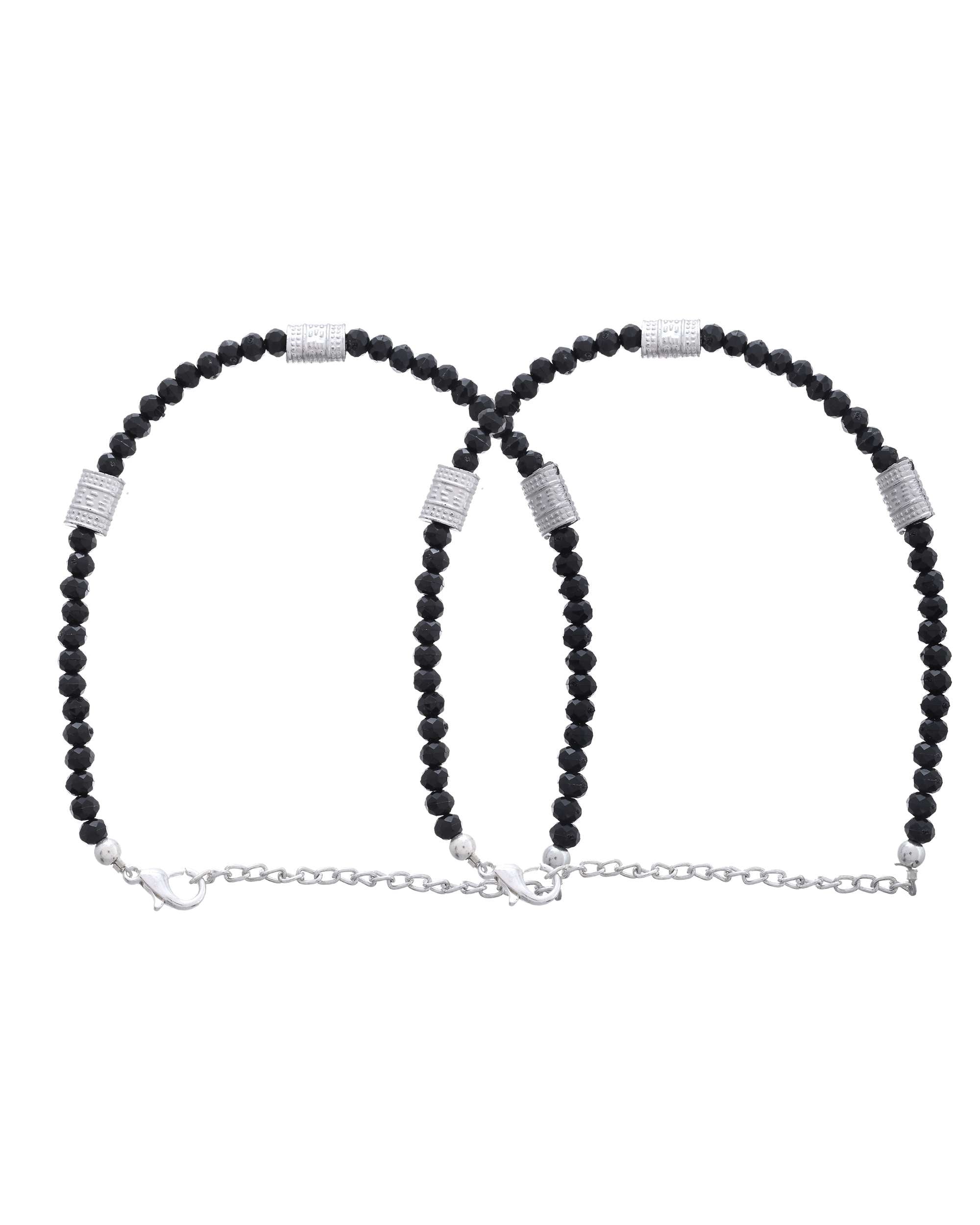 Jewels Nest Set of 2 Silver-Plated Anklets with Polished Black Beads and Barrel Charms | Grocsy