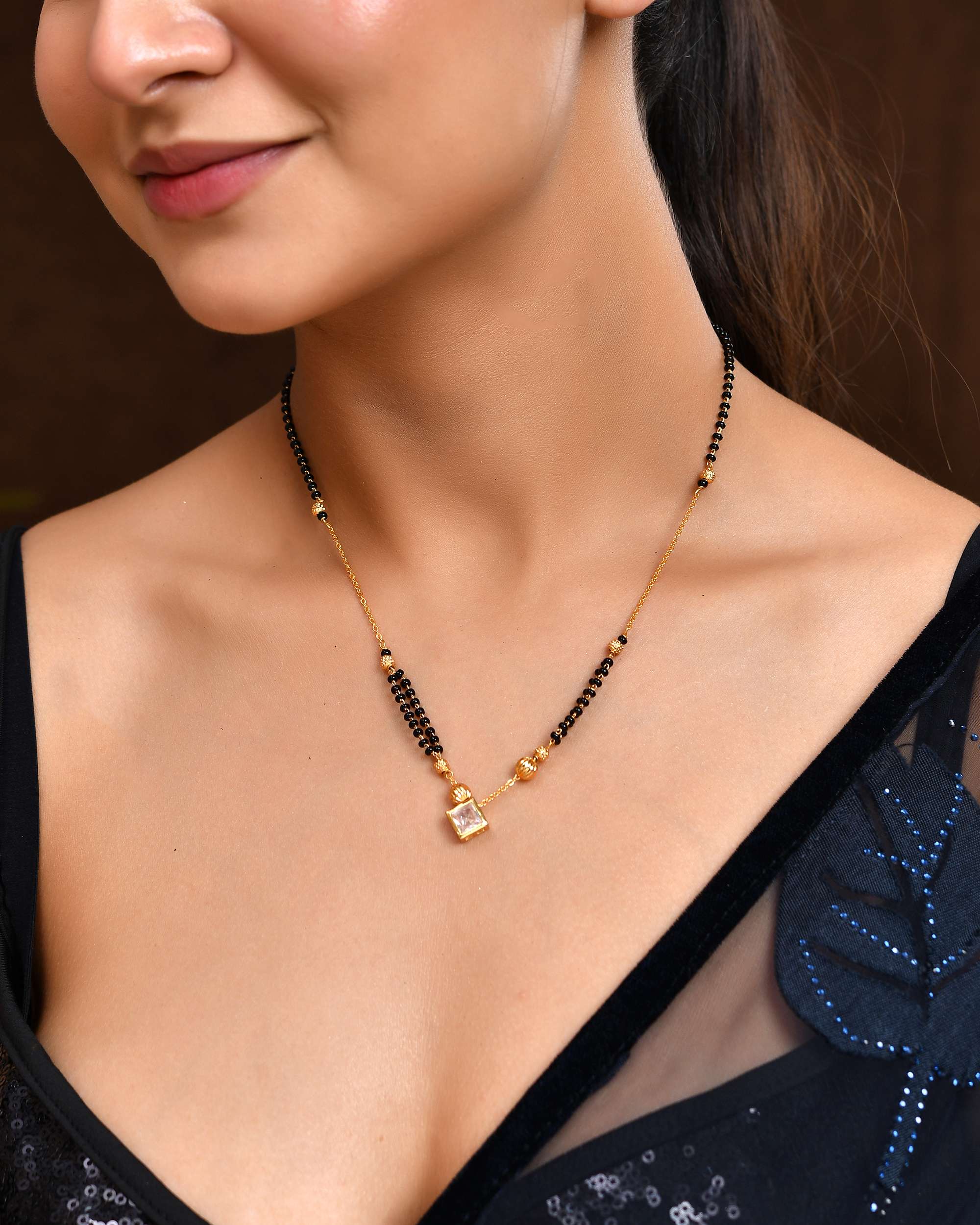 Jewels Nest Traditional Black Beaded Mangalsutra with Geometric Stone Pendant | Grocsy