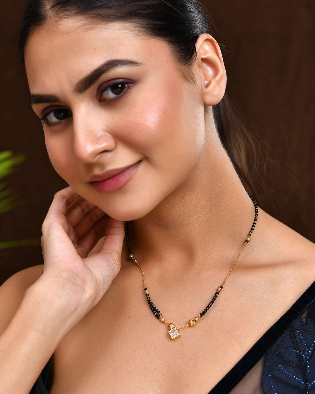 Jewels Nest Traditional Black Beaded Mangalsutra with Geometric Stone Pendant | Grocsy