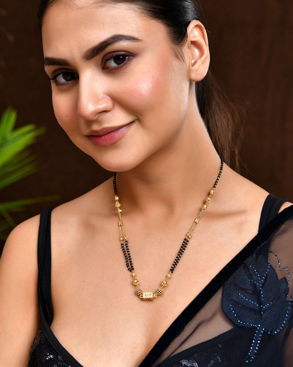 Jewels Nest Gold-Plated Traditional Double-Line Mangalsutra with Barrel Pendant | Grocsy