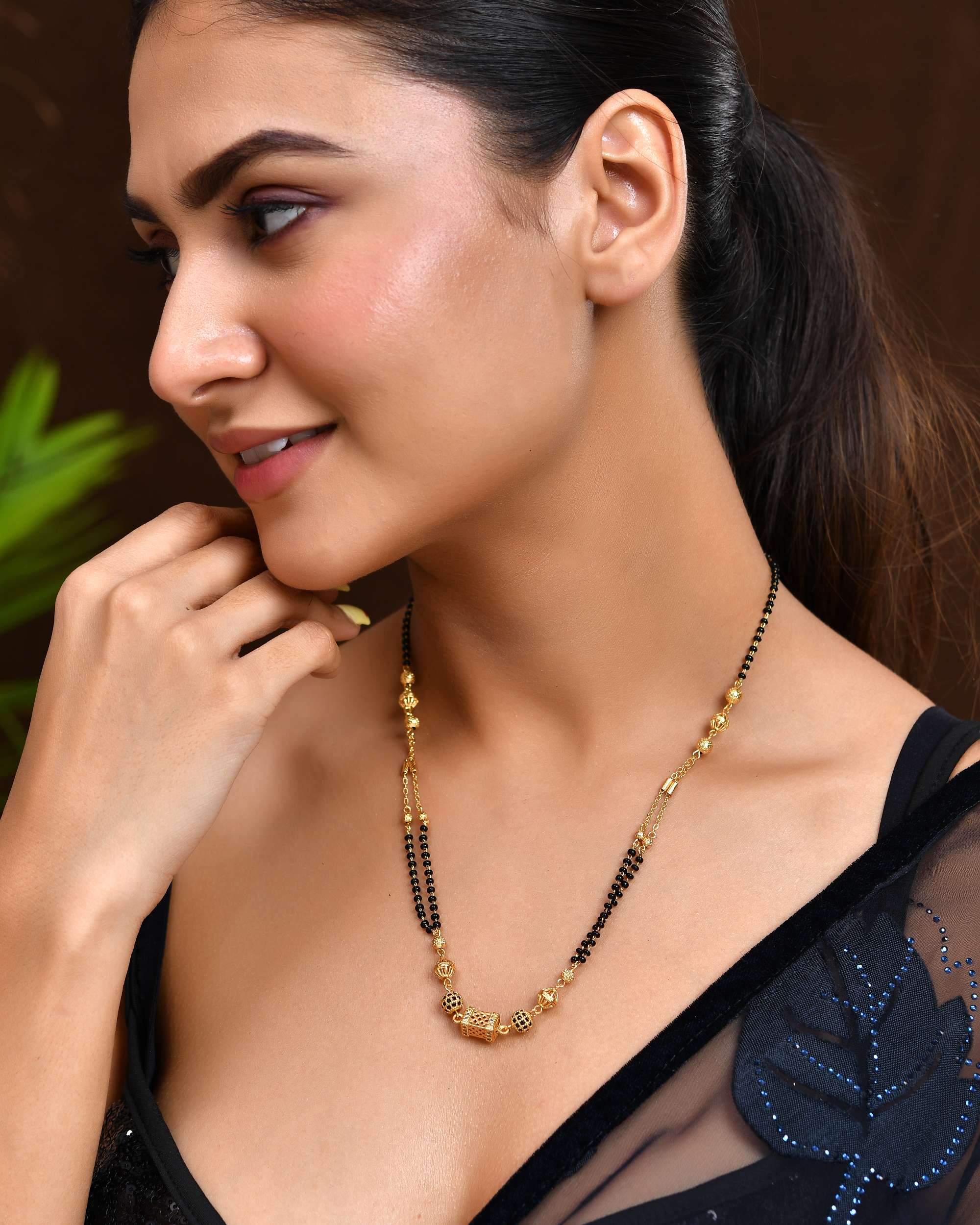 Jewels Nest Gold-Plated Traditional Double-Line Mangalsutra with Barrel Pendant | Grocsy
