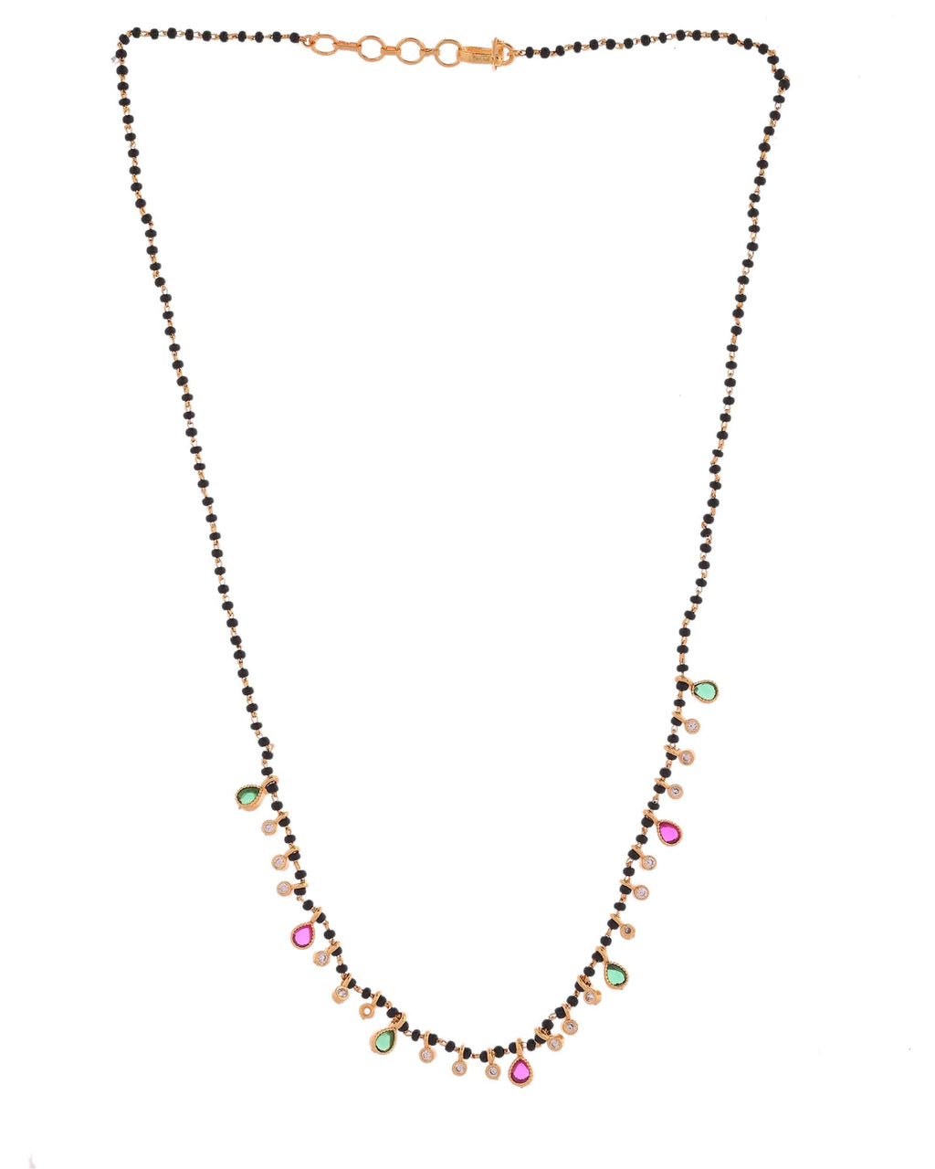 Jewels Nest Elegant Black Beads Mangalsutra with Green & Red Stone Drops – Silver Finish | Grocsy