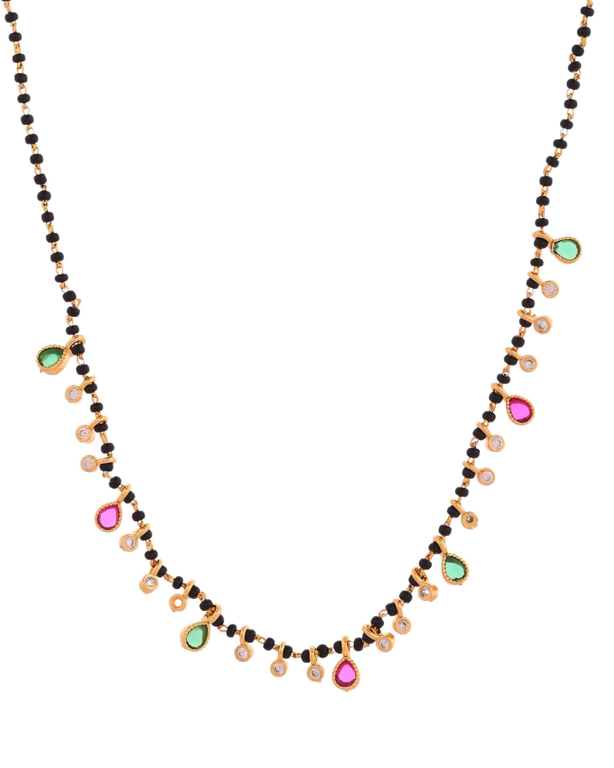 Jewels Nest Elegant Black Beads Mangalsutra with Green & Red Stone Drops – Silver Finish | Grocsy