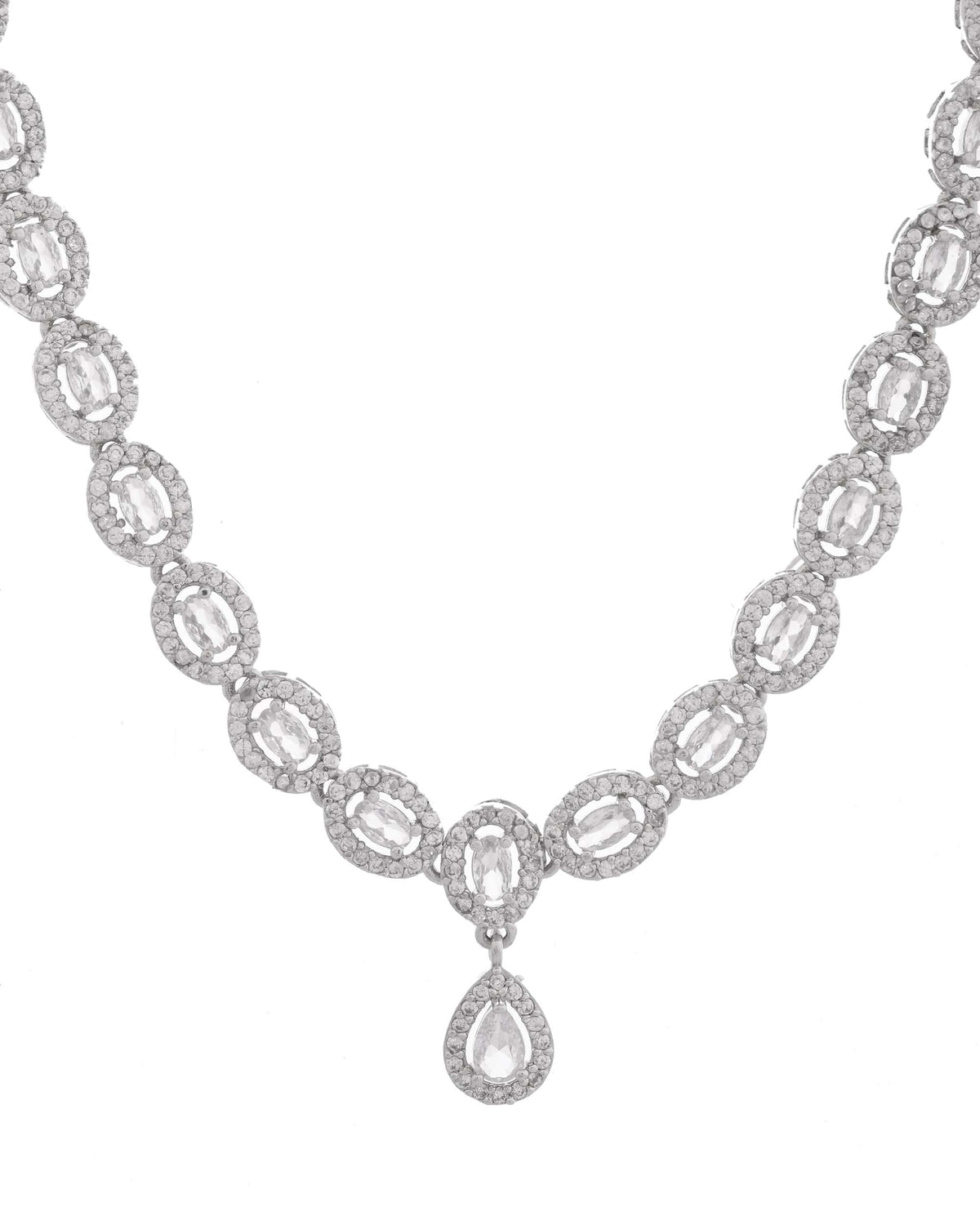 Jewels Nest Elegant American Diamond-Studded Necklace Set in Rhodium Finish