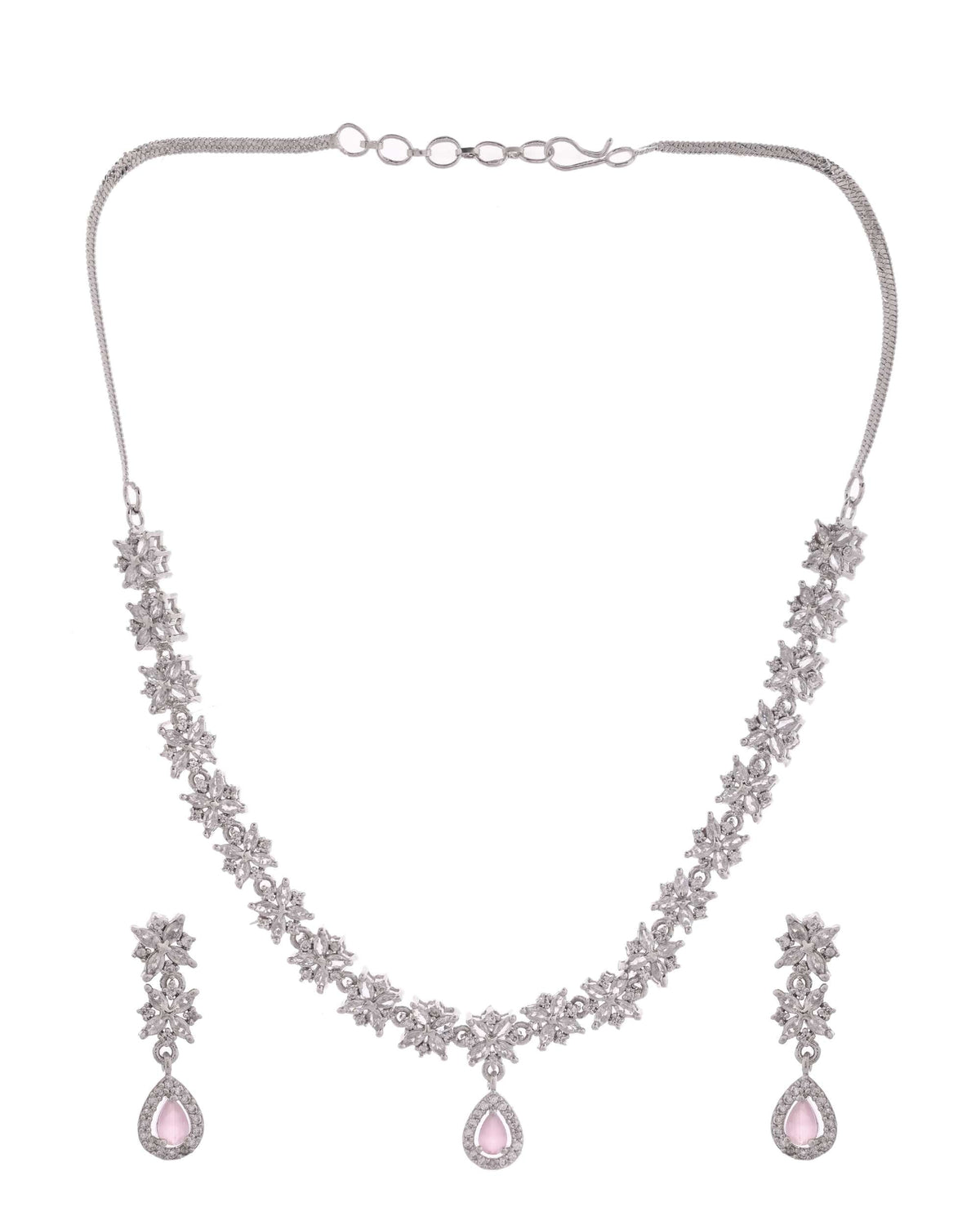 Jewels Nest Floral Design American Diamond Necklace Set with Pink Stone Drops