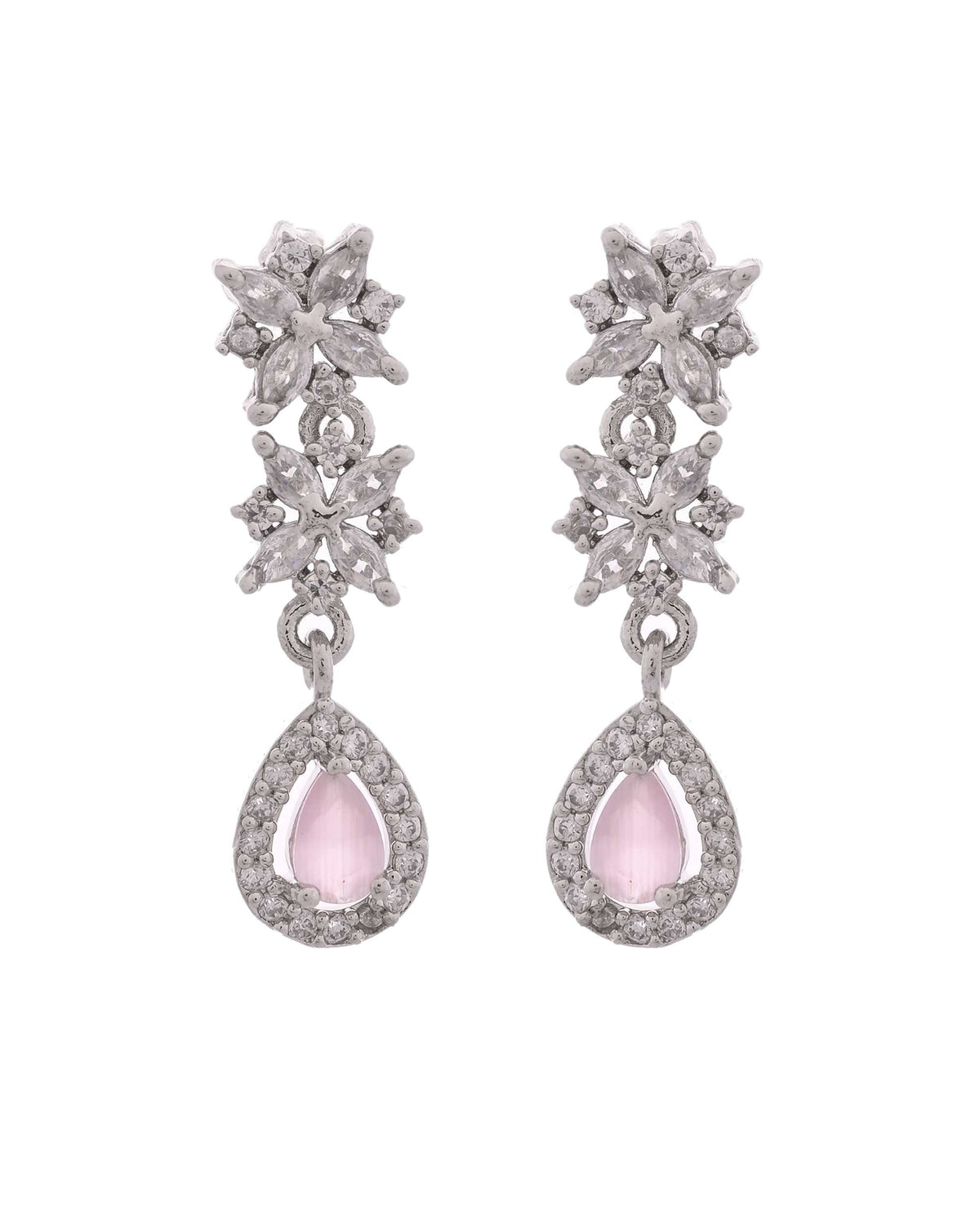 Jewels Nest Floral Design American Diamond Necklace Set with Pink Stone Drops