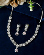 Jewels Nest Floral Design American Diamond Necklace Set with Pink Stone Drops