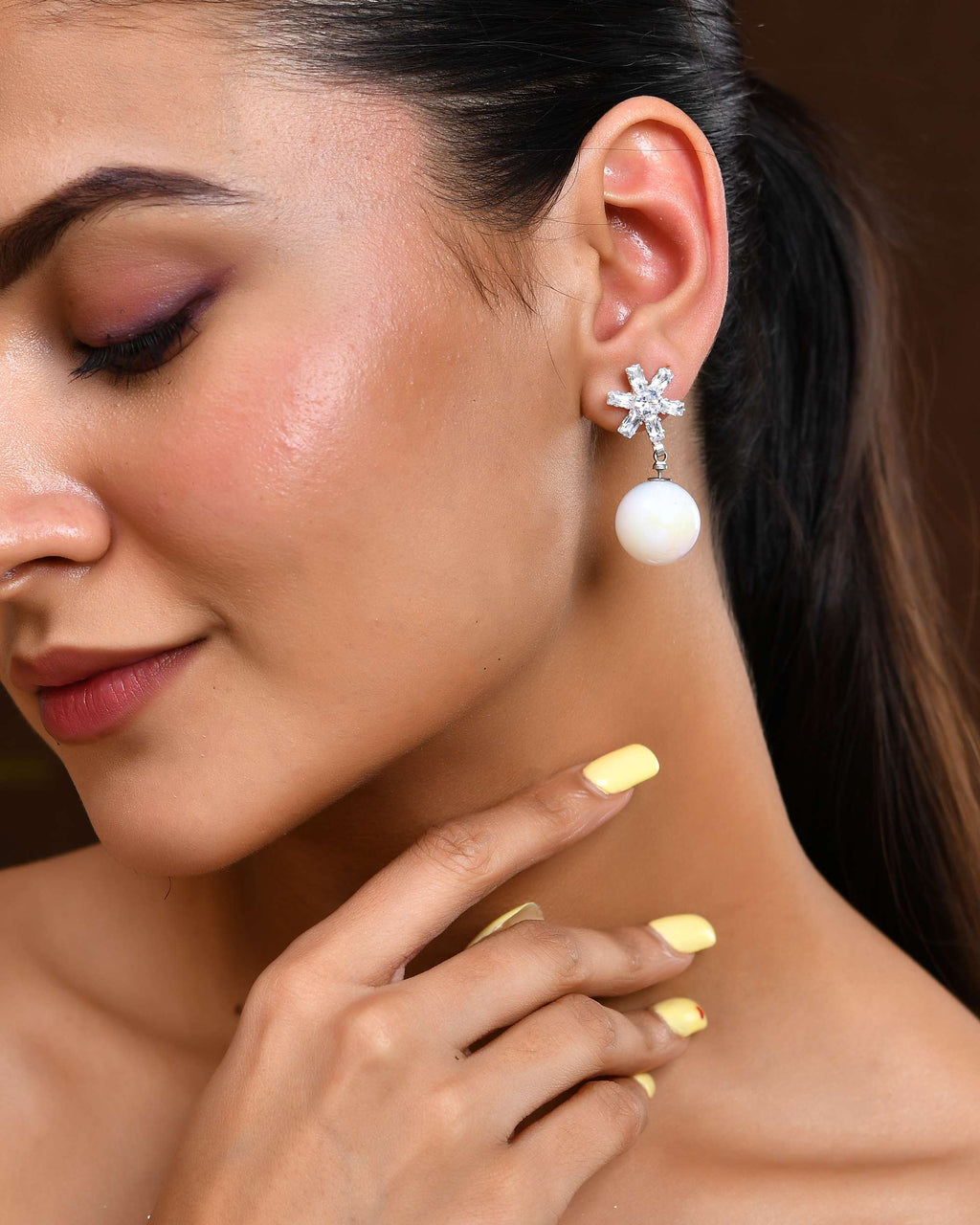 Jewels Nest White Opal Look Beaded Dangler Earrings with Diamond Studs | Grocsy