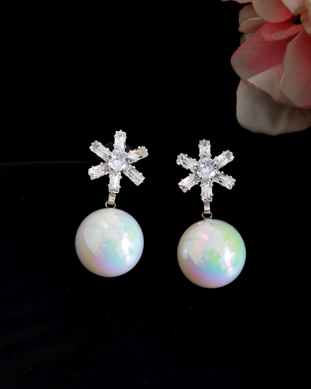Jewels Nest White Opal Look Beaded Dangler Earrings with Diamond Studs | Grocsy