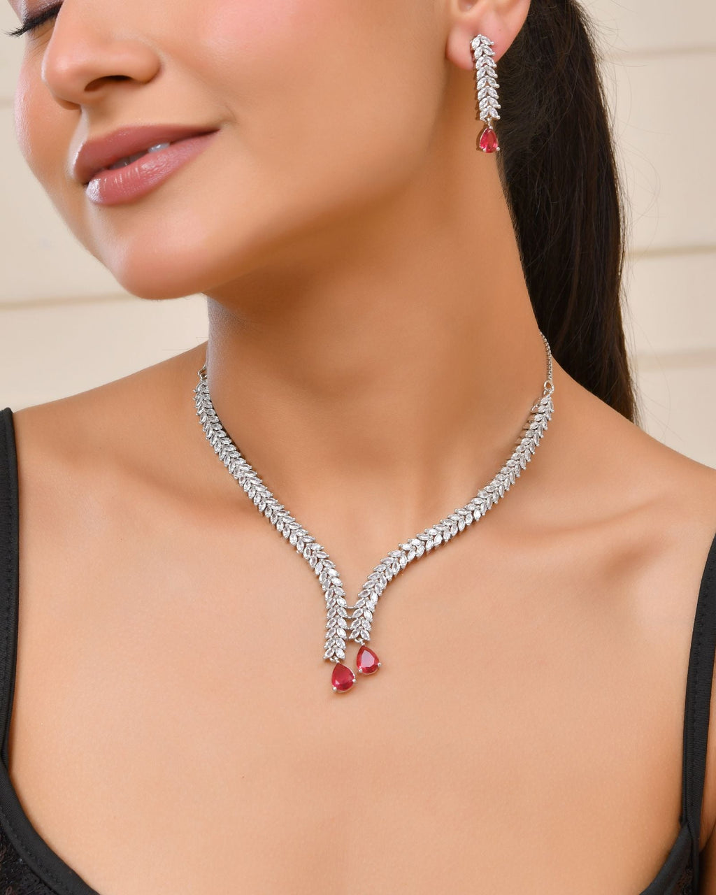 Jewels Nest Ruby Pink Diamond-Style Necklace Set With Matching Drop Earrings | Grocsy