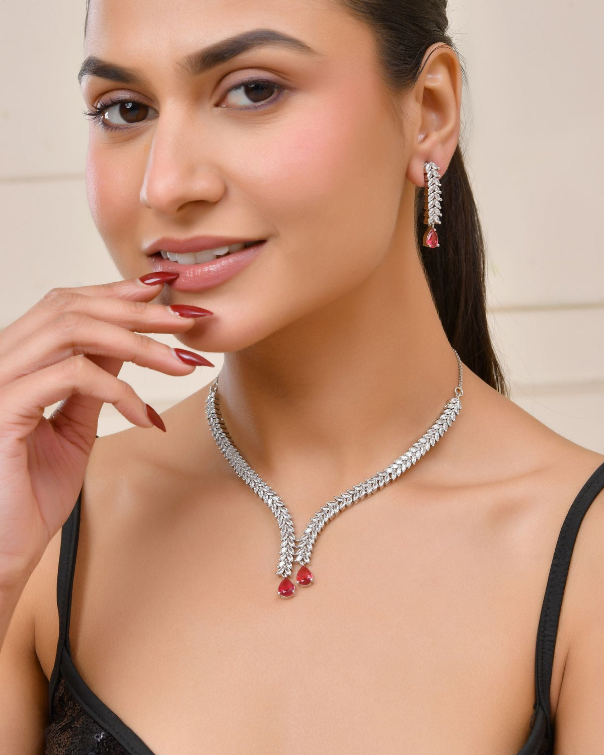 Jewels Nest Ruby Pink Diamond-Style Necklace Set With Matching Drop Earrings | Grocsy