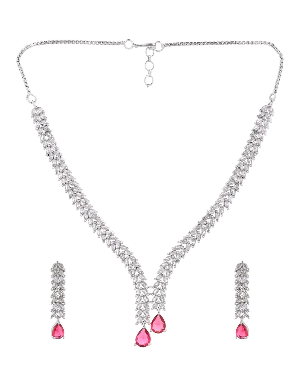 Jewels Nest Ruby Pink Diamond-Style Necklace Set With Matching Drop Earrings | Grocsy