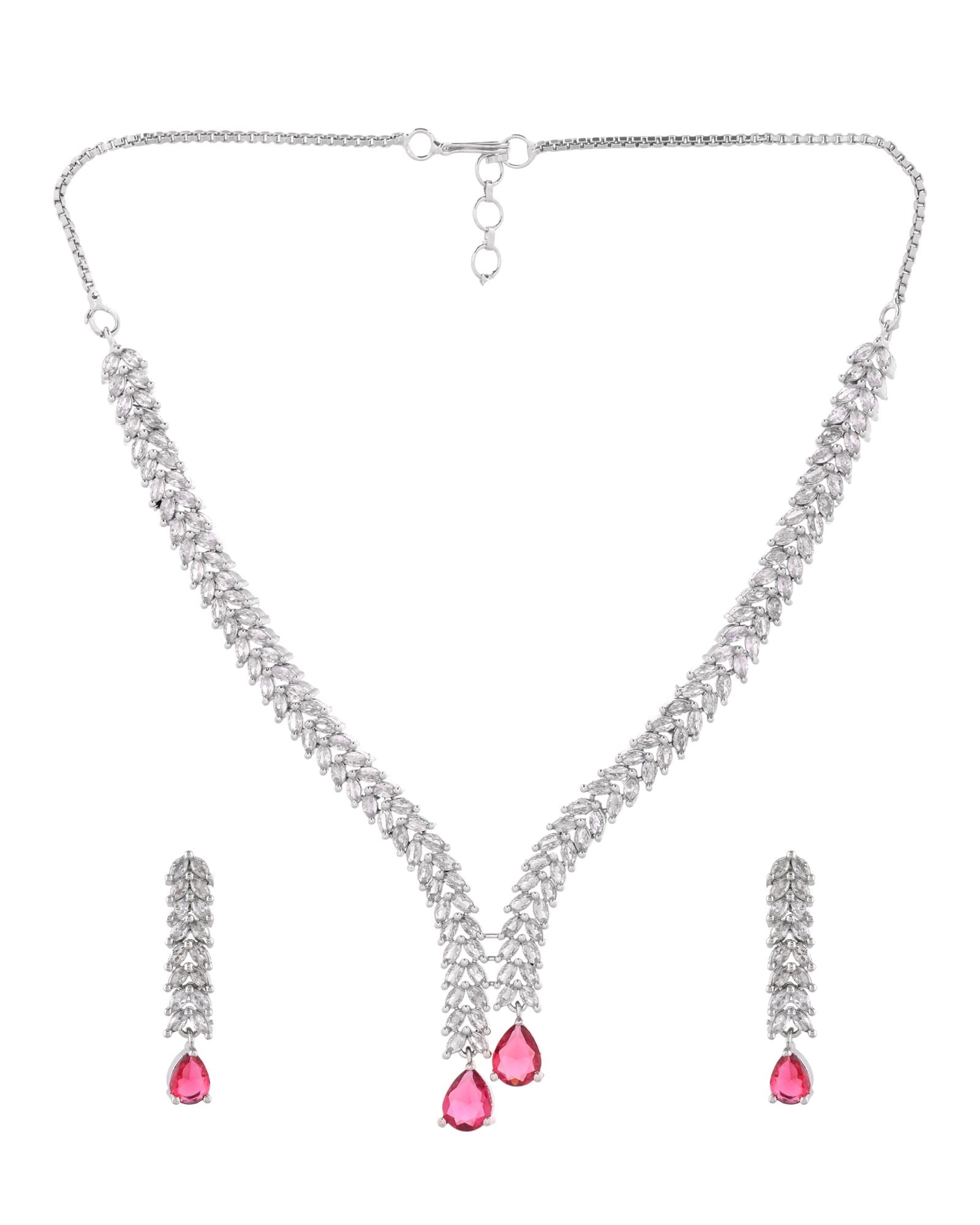Jewels Nest Ruby Pink Diamond-Style Necklace Set With Matching Drop Earrings | Grocsy