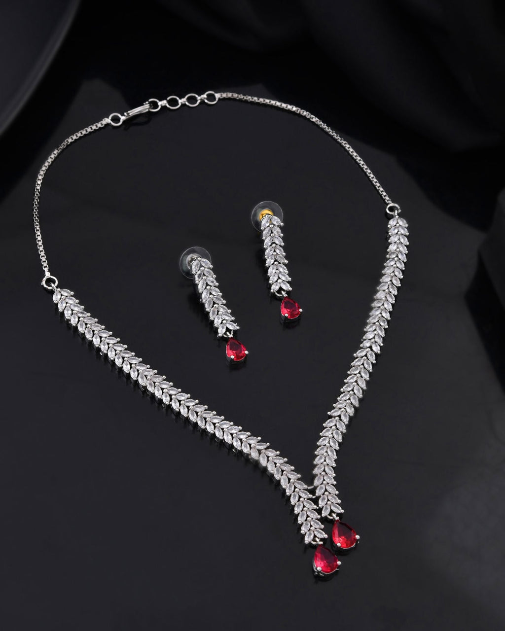 Jewels Nest Ruby Pink Diamond-Style Necklace Set With Matching Drop Earrings | Grocsy