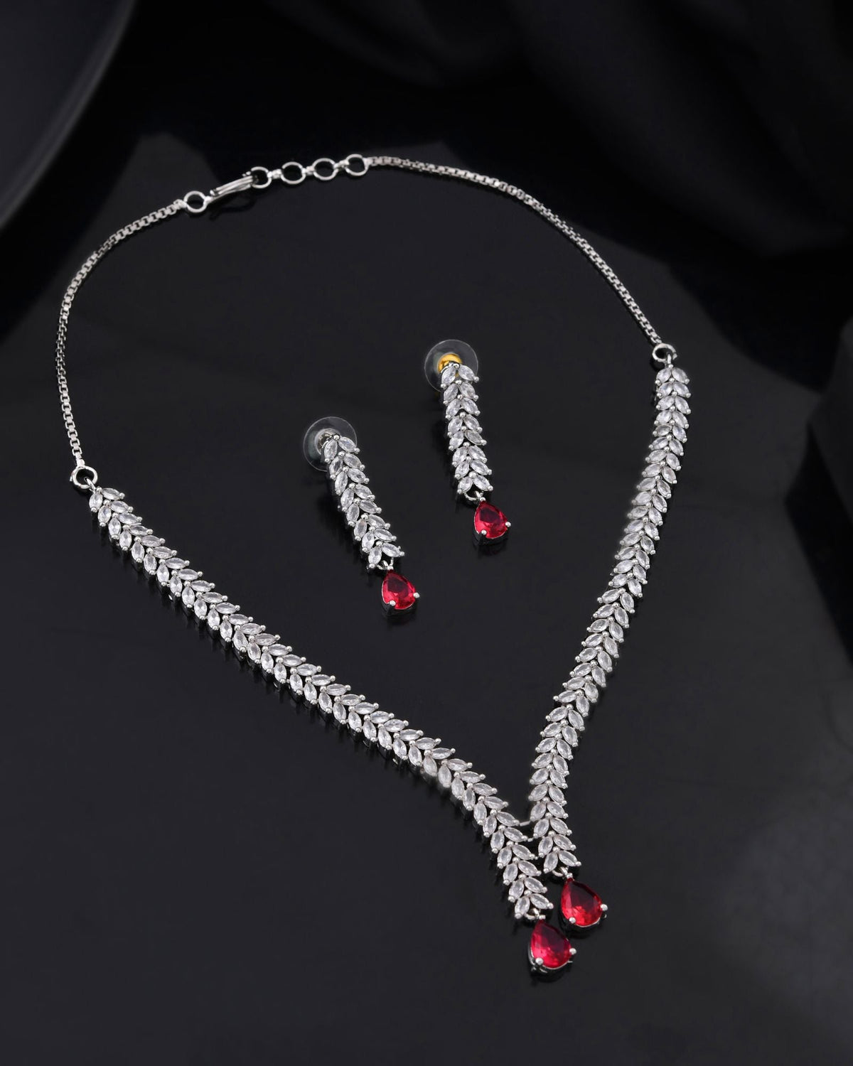 Jewels Nest Ruby Pink Diamond-Style Necklace Set With Matching Drop Earrings | Grocsy