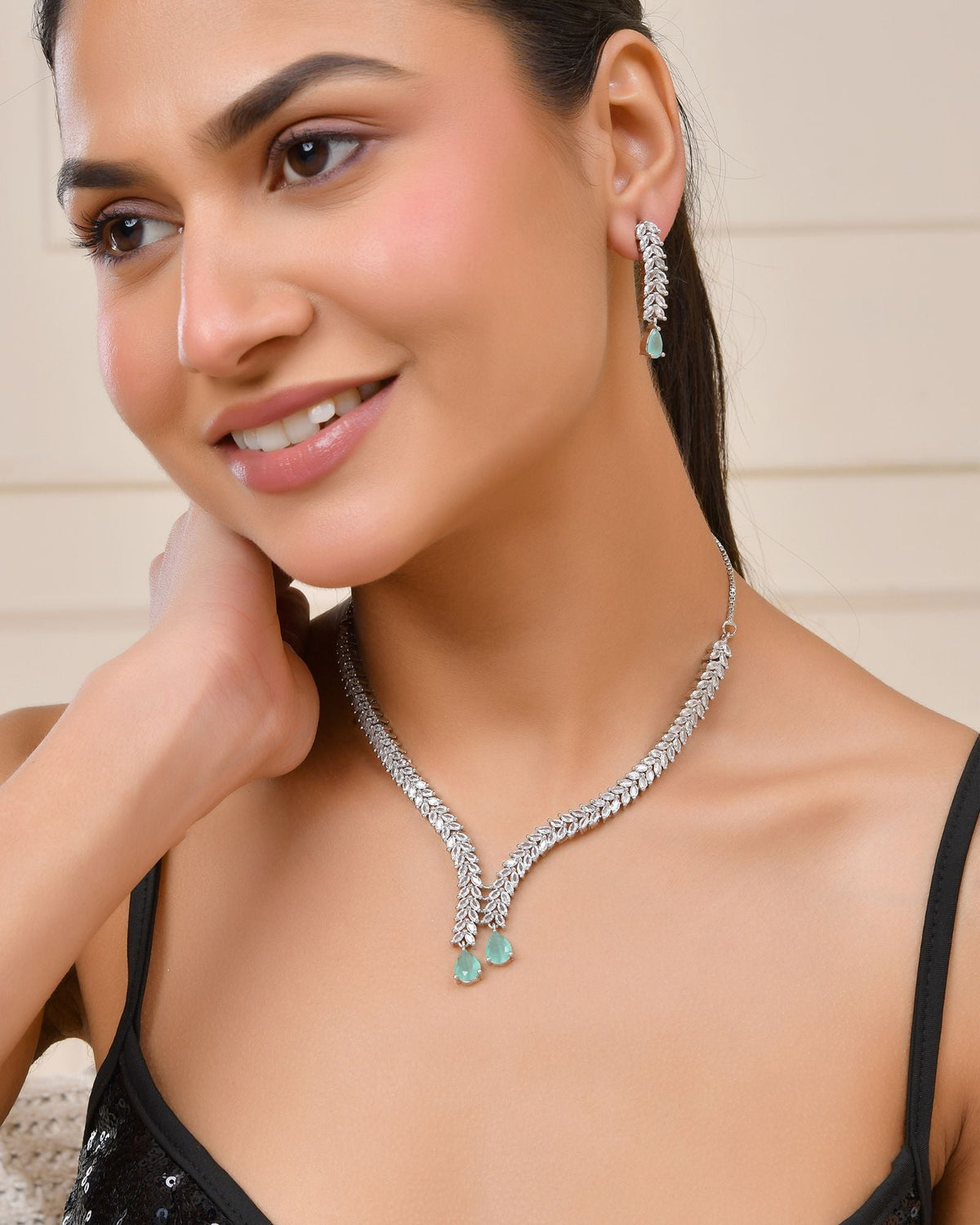 Jewels Nest Mint Green Diamond-Style Necklace Set With Drop Earrings | Grocsy