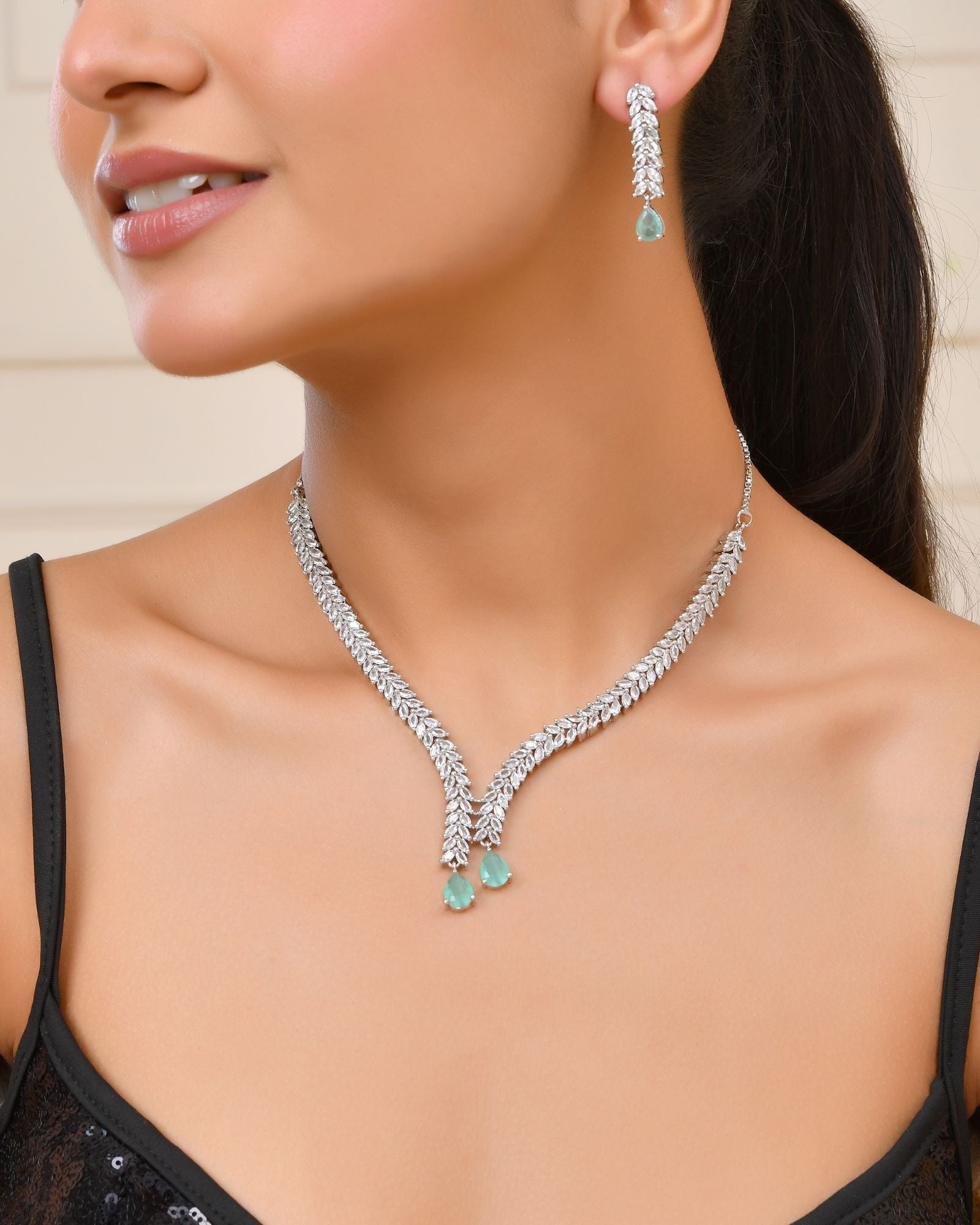 Jewels Nest Mint Green Diamond-Style Necklace Set With Drop Earrings | Grocsy