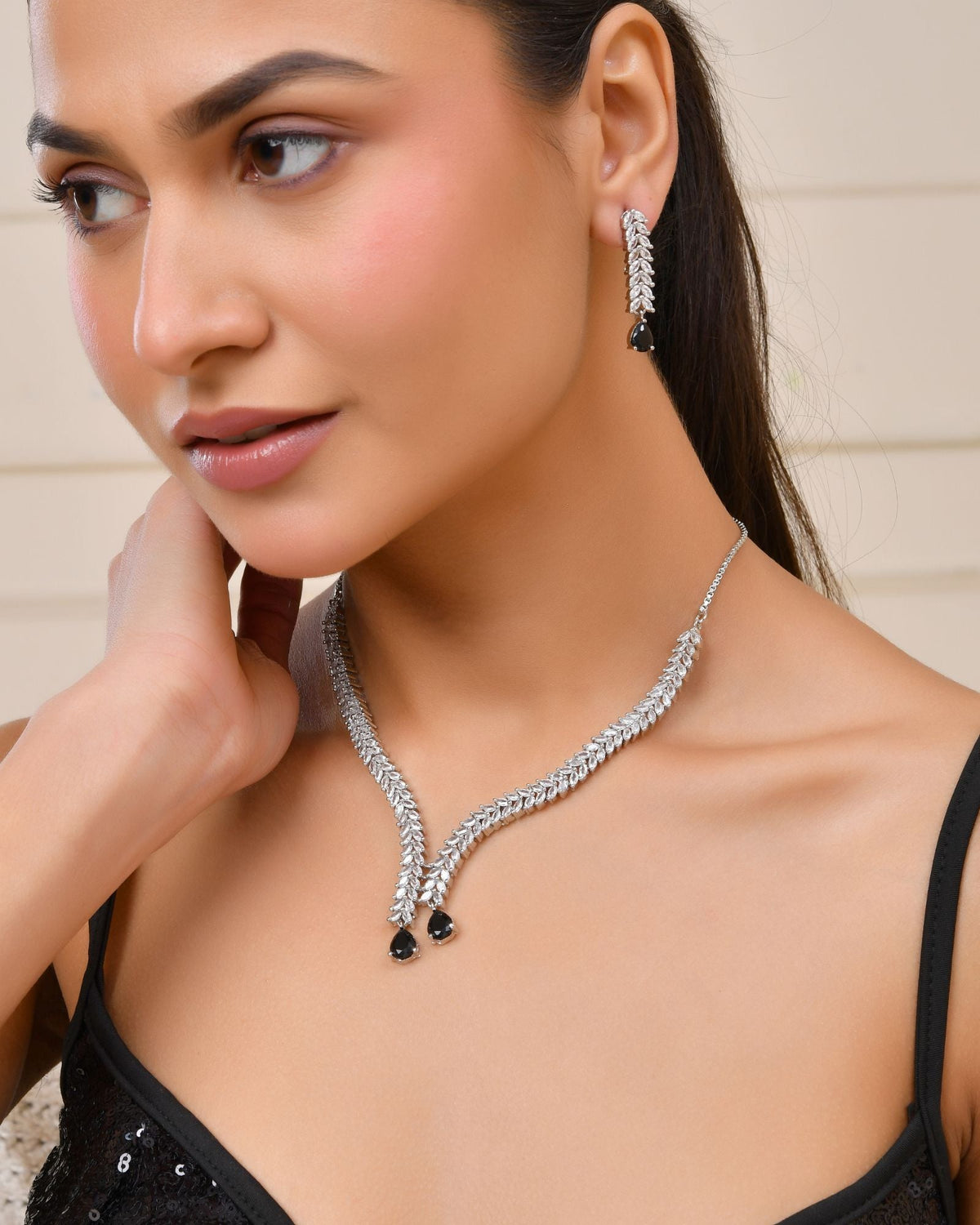 Jewels Nest Black Stone Diamond-Style Necklace Set With Drop Earrings | Grocsy