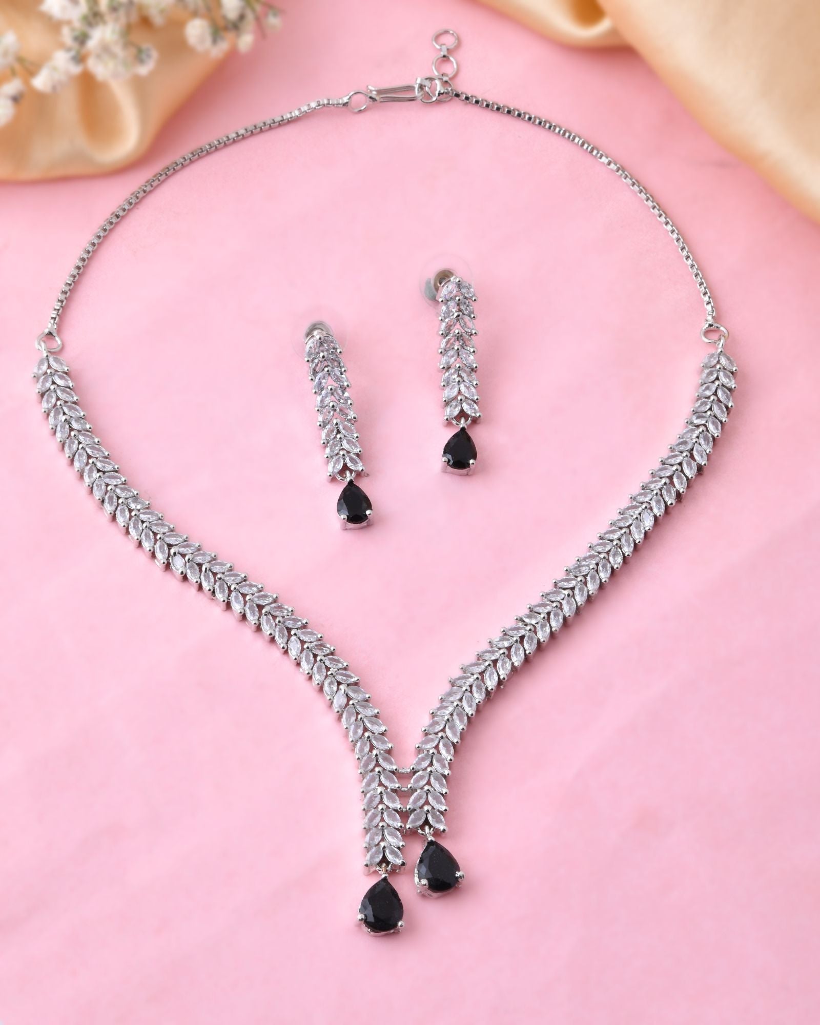 Jewels Nest Black Stone Diamond-Style Necklace Set With Drop Earrings | Grocsy