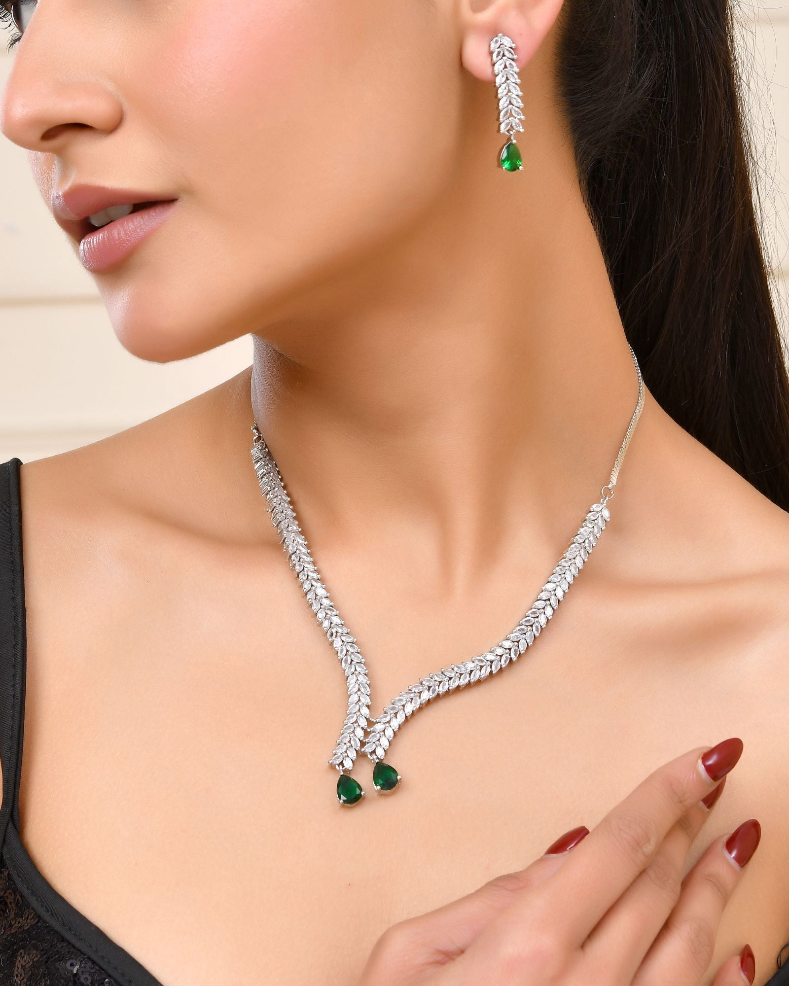 Jewels Nest Emerald Green Diamond-Style Necklace Set With Drop Earrings | Grocsy