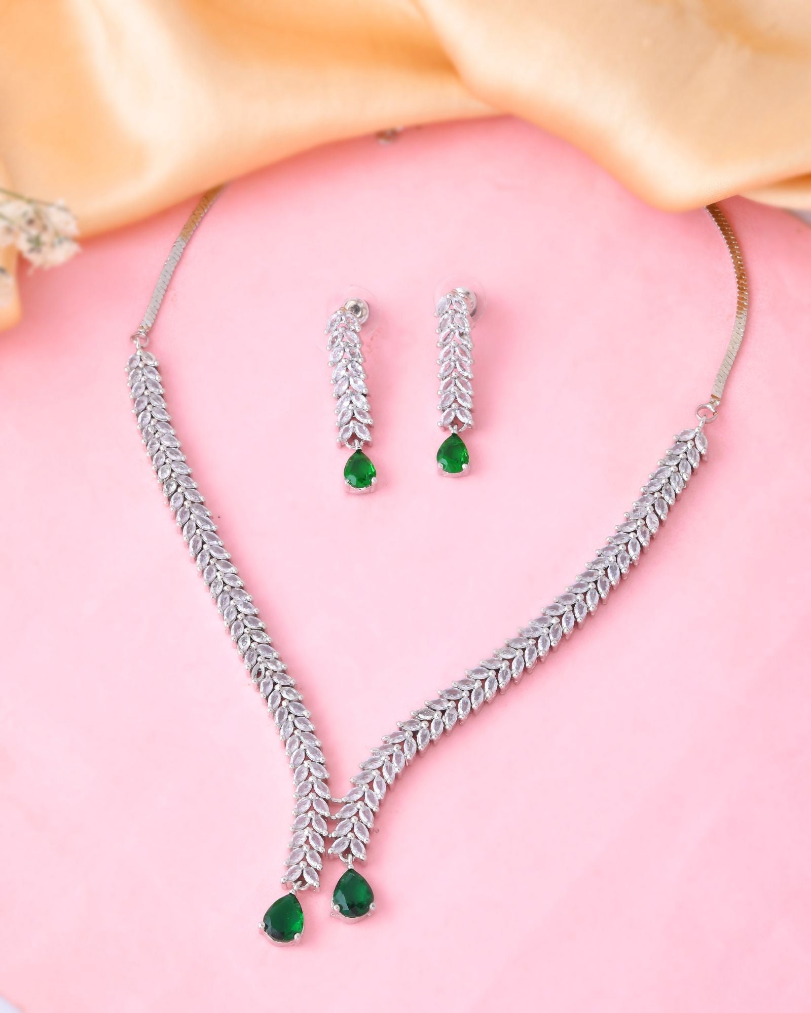 Jewels Nest Emerald Green Diamond-Style Necklace Set With Drop Earrings | Grocsy