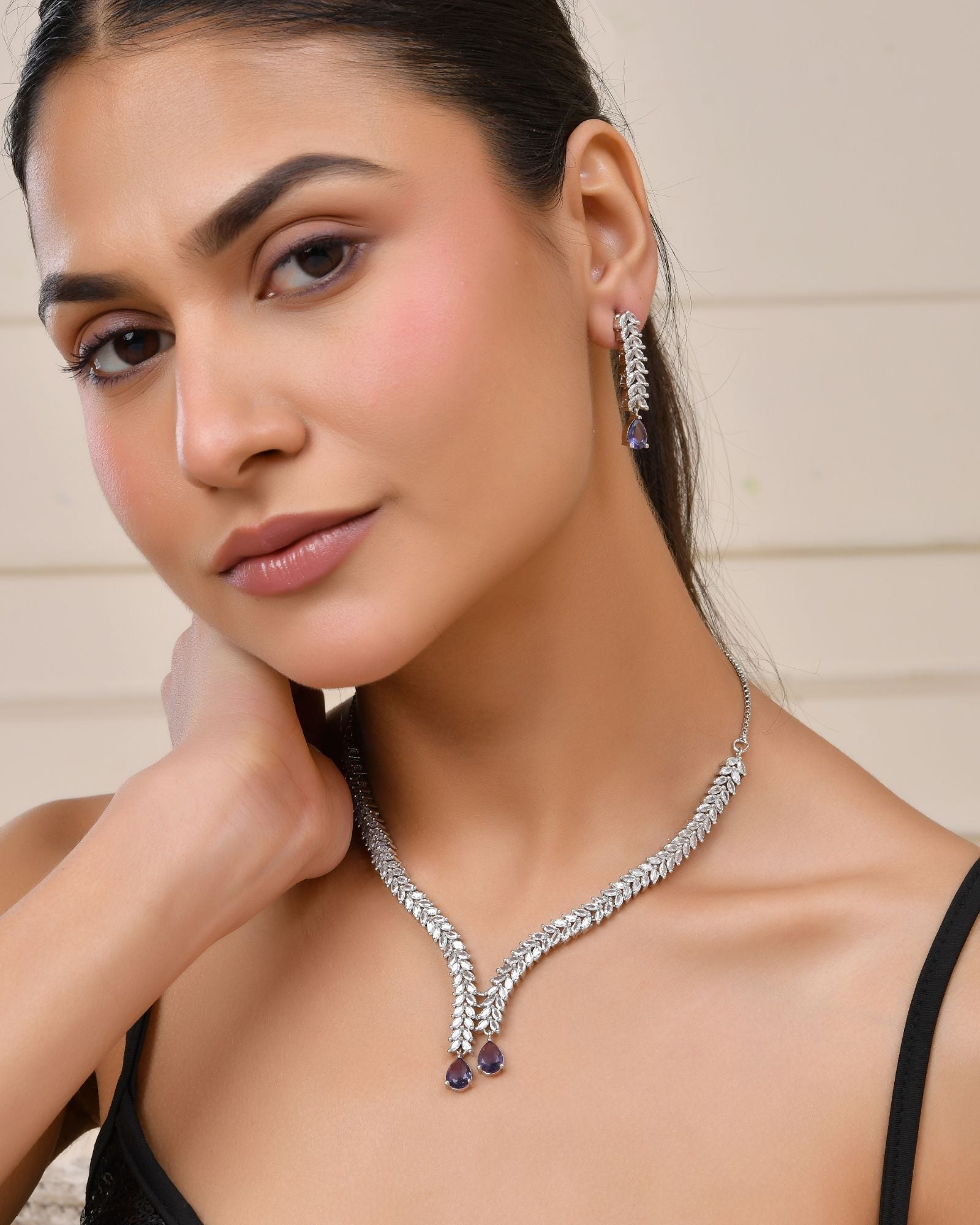 Jewels Nest Purple Stone Diamond-Style Necklace Set With Drop Earrings | Grocsy