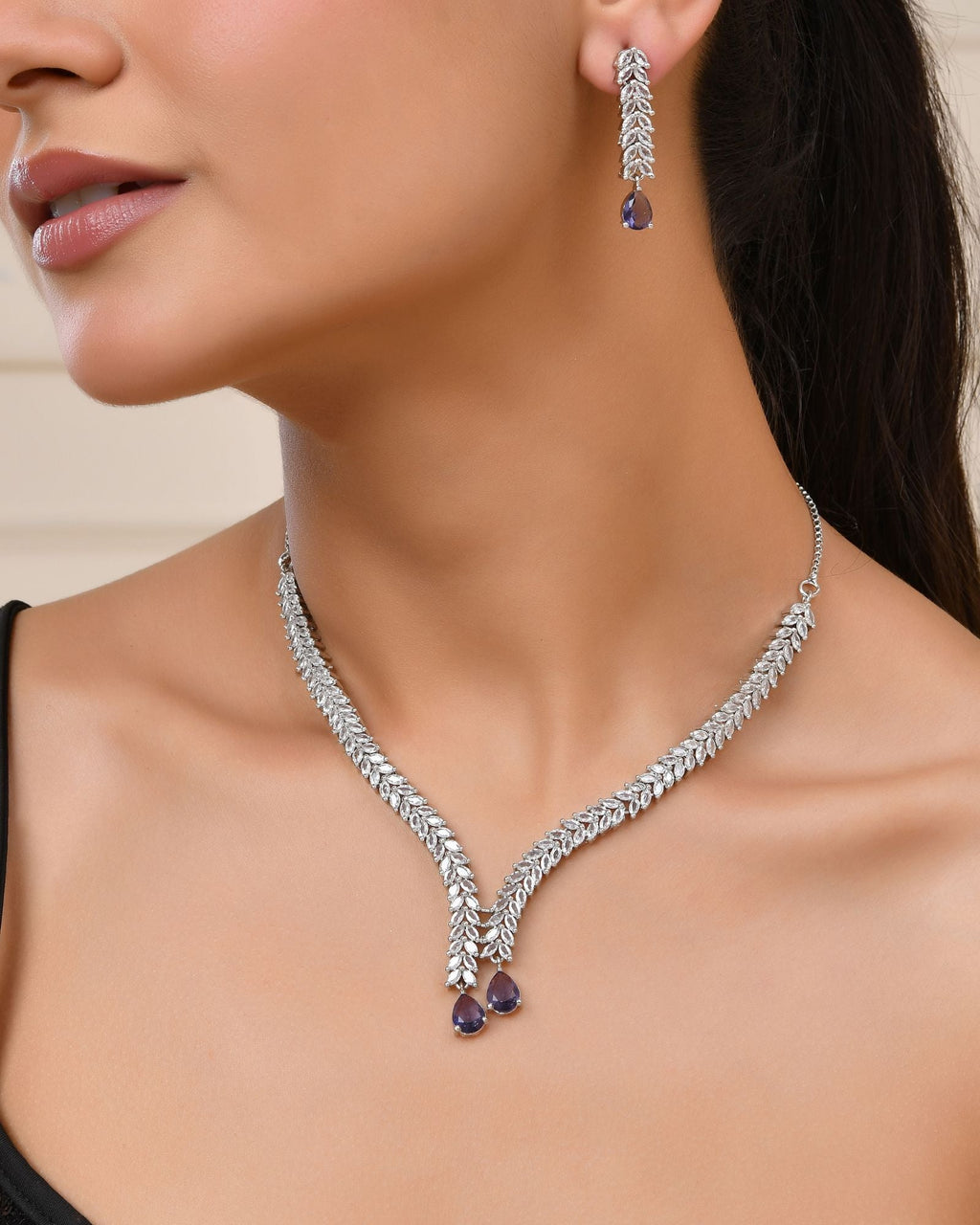 Jewels Nest Purple Stone Diamond-Style Necklace Set With Drop Earrings | Grocsy