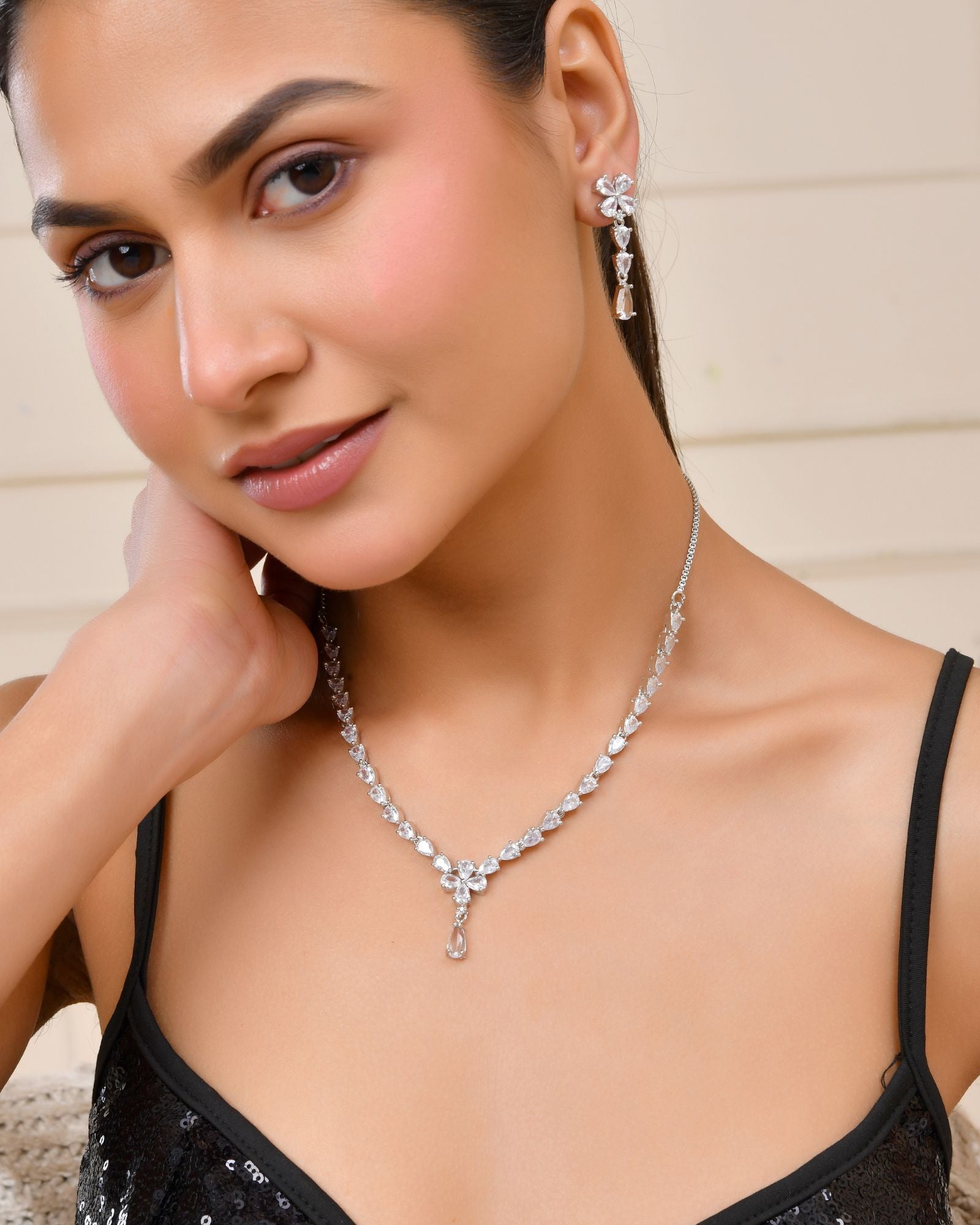 Jewels Nest Classic Diamond-Style Floral Necklace Set With Drop Earrings | Grocsy