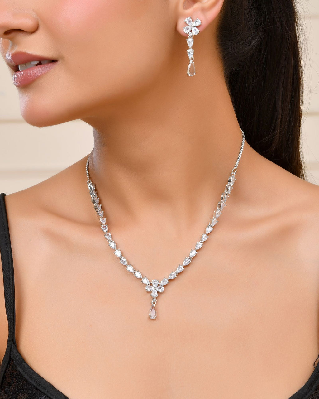 Jewels Nest Classic Diamond-Style Floral Necklace Set With Drop Earrings | Grocsy