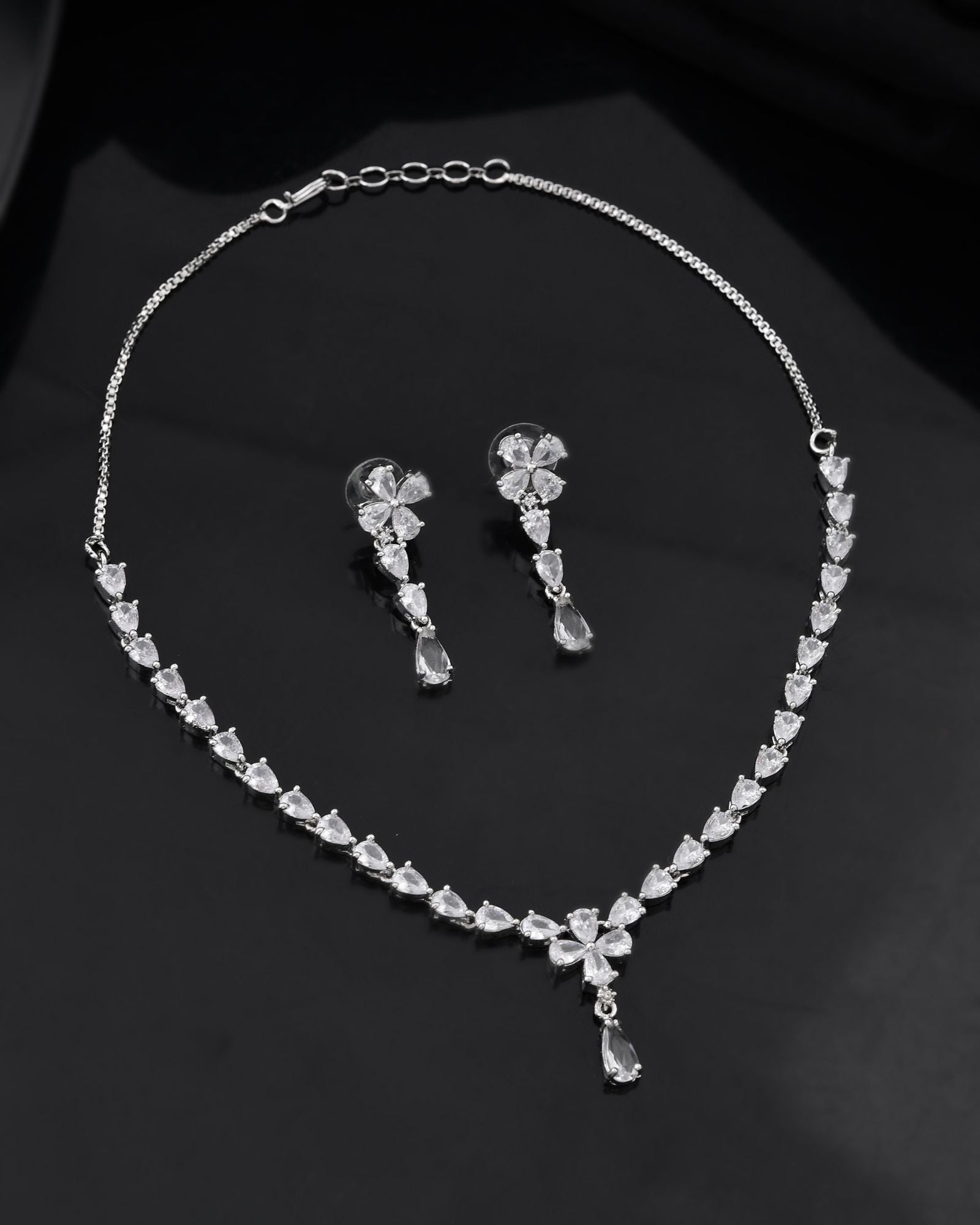 Jewels Nest Classic Diamond-Style Floral Necklace Set With Drop Earrings | Grocsy
