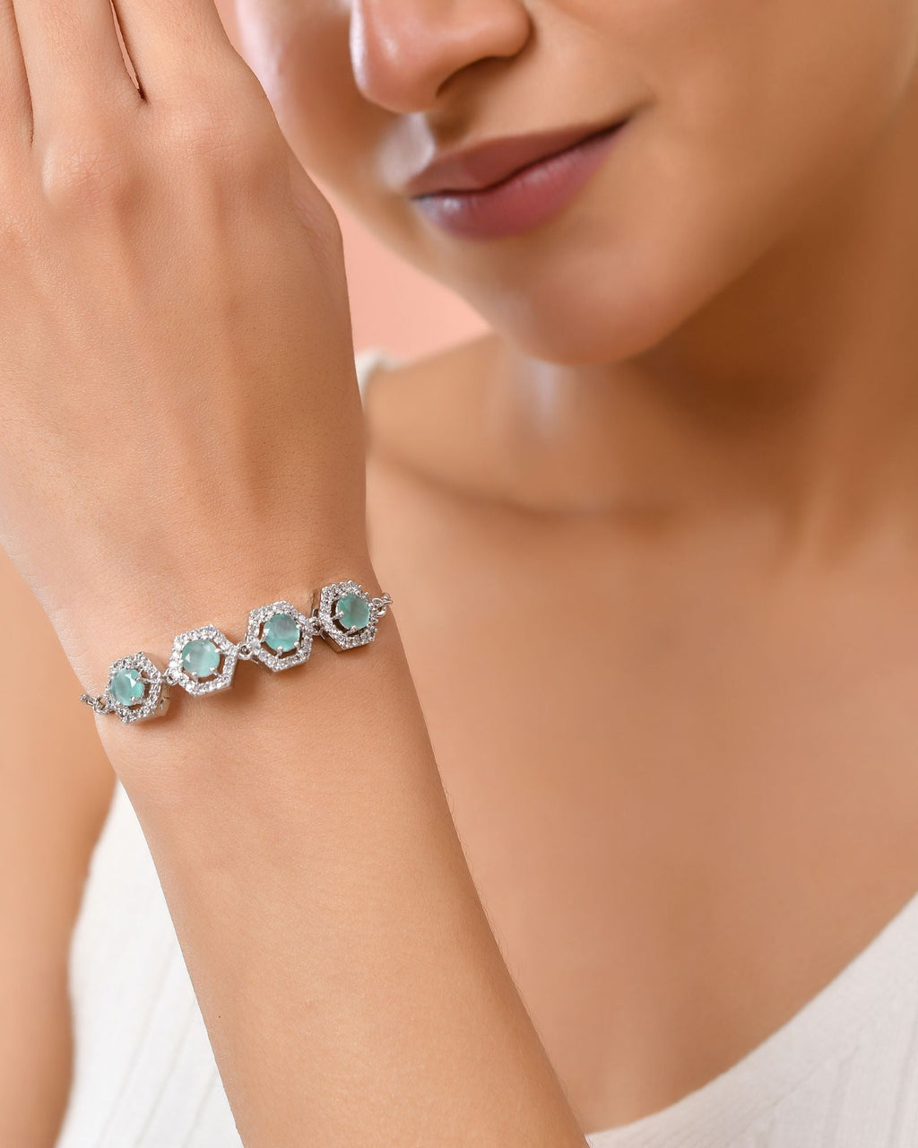Jewels Nest Mint Green Stone Diamond-Style Adjustable Bracelet For Women | Grocsy