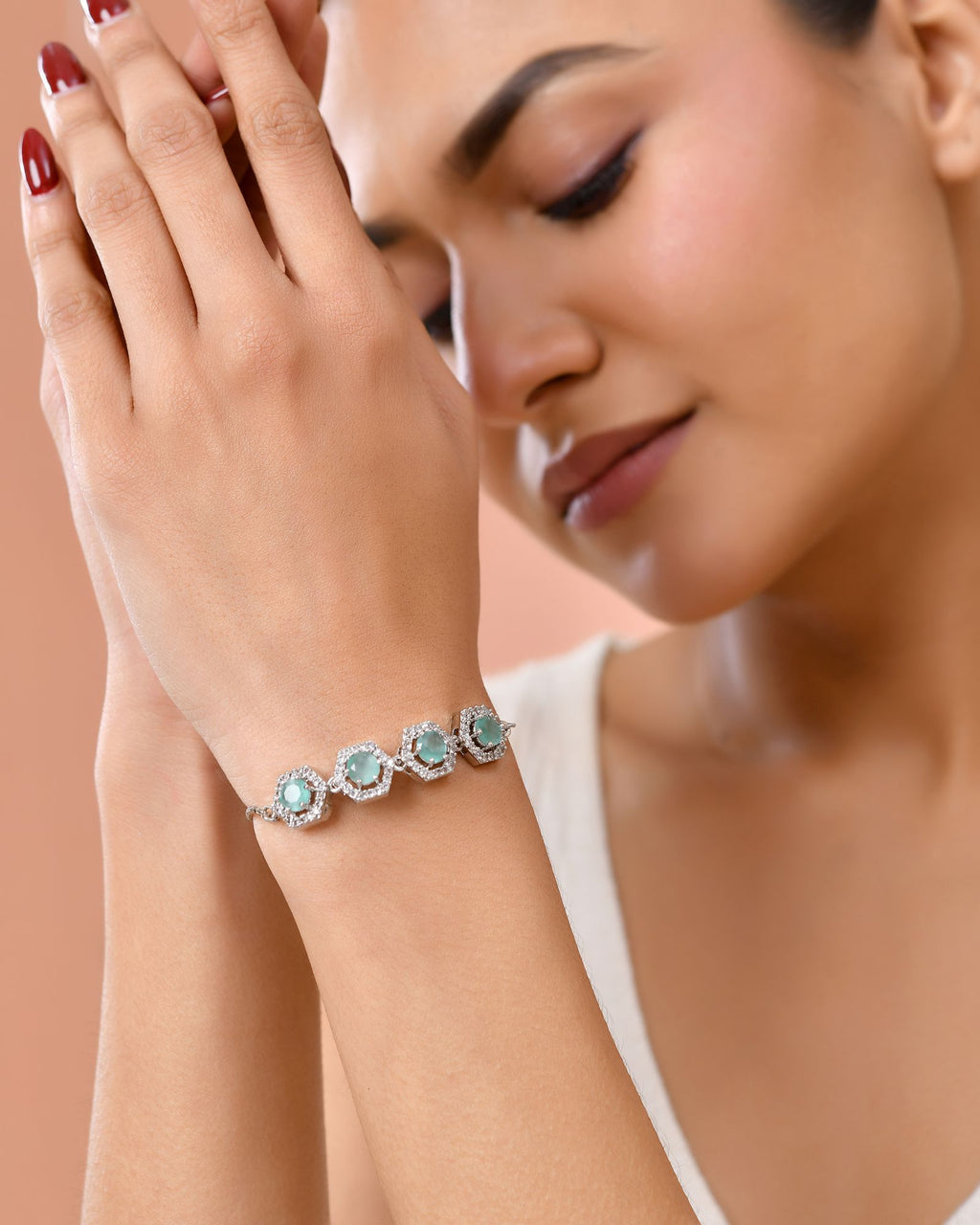 Jewels Nest Mint Green Stone Diamond-Style Adjustable Bracelet For Women | Grocsy