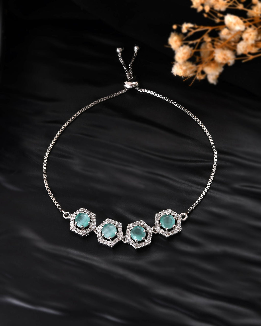 Jewels Nest Mint Green Stone Diamond-Style Adjustable Bracelet For Women | Grocsy