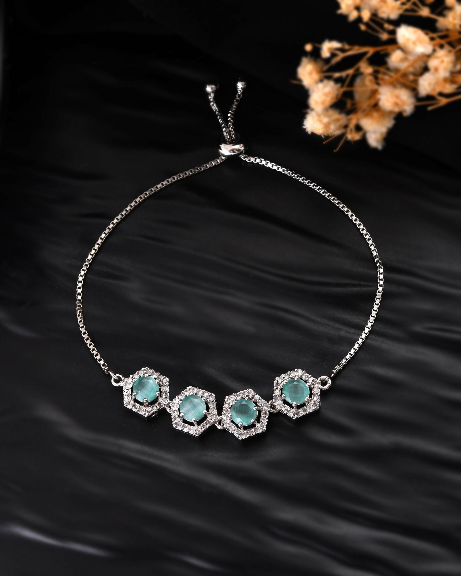 Jewels Nest Mint Green Stone Diamond-Style Adjustable Bracelet For Women | Grocsy