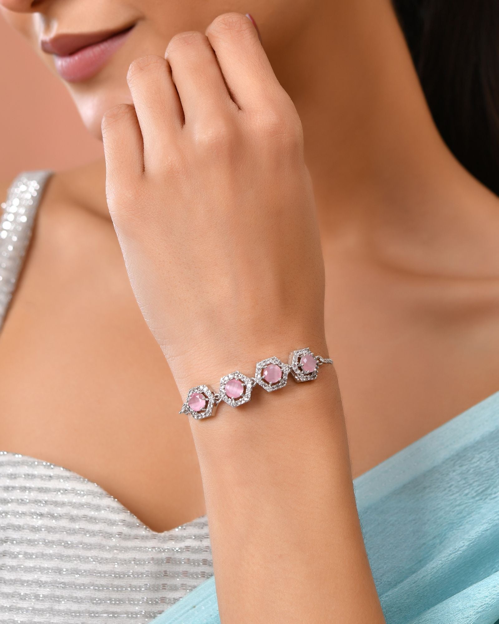 Jewels Nest Pink Stone Diamond-Style Adjustable Bracelet For Women | Grocsy