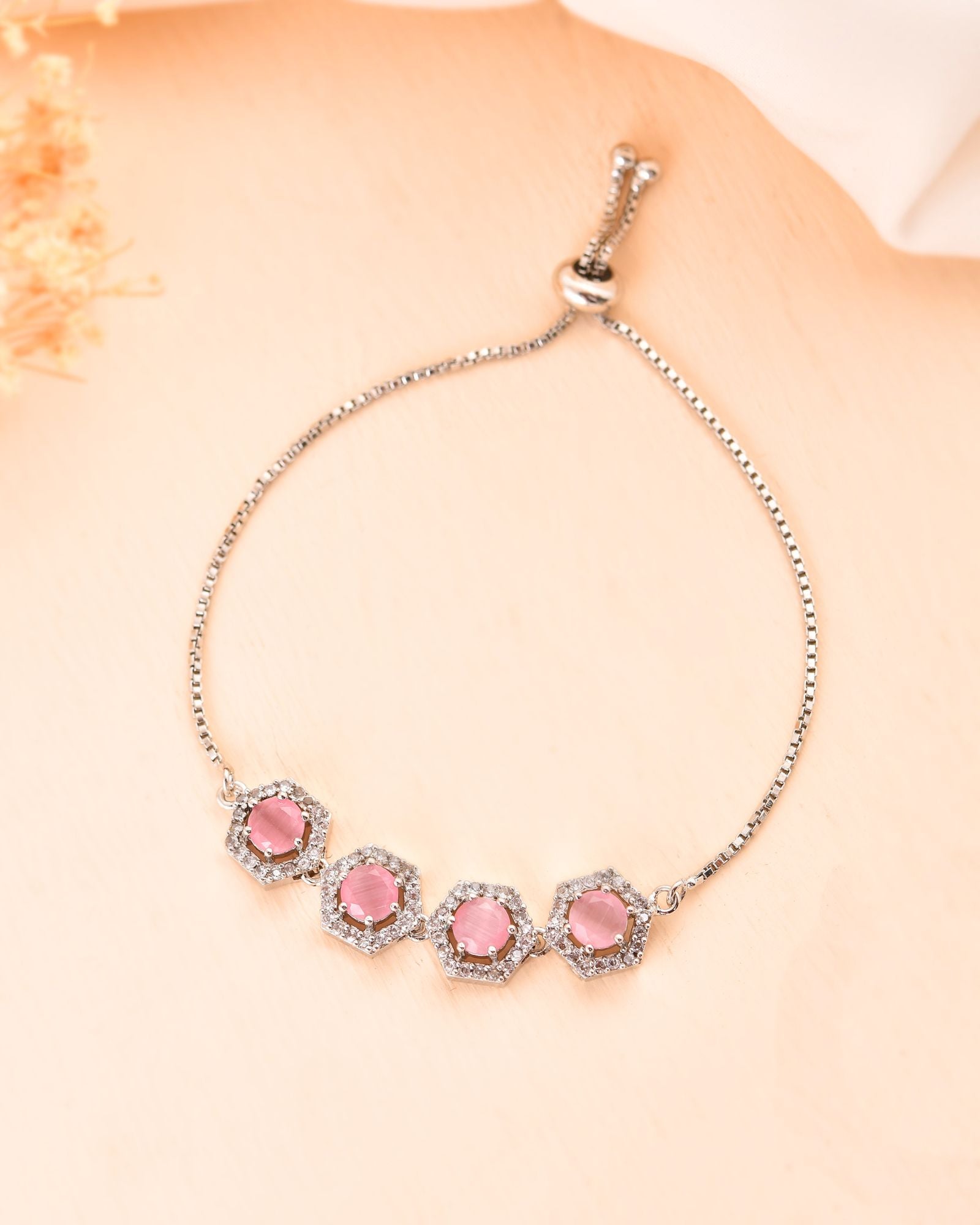 Jewels Nest Pink Stone Diamond-Style Adjustable Bracelet For Women | Grocsy