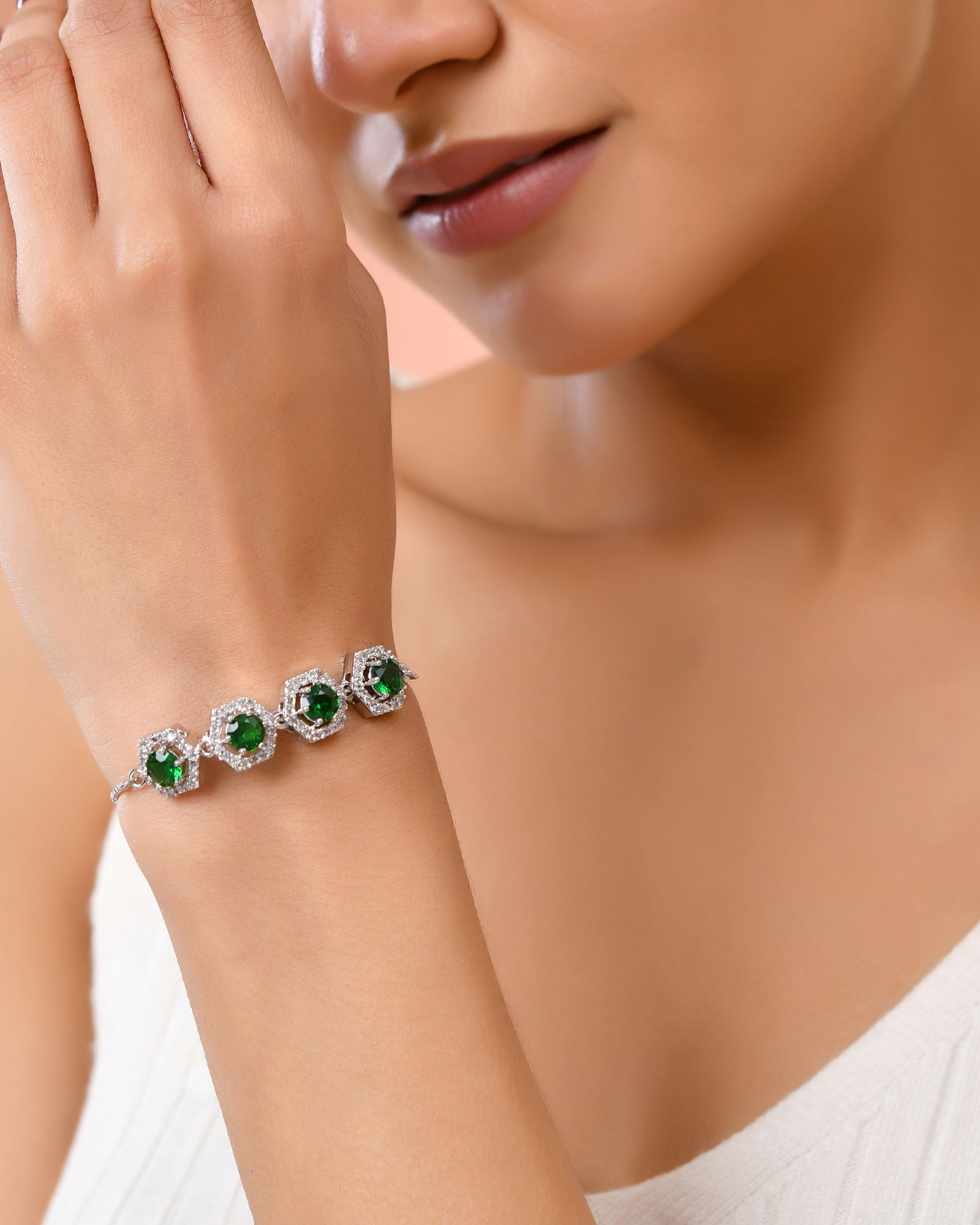 Jewels Nest Emerald Green Stone Diamond-Style Adjustable Bracelet | Grocsy