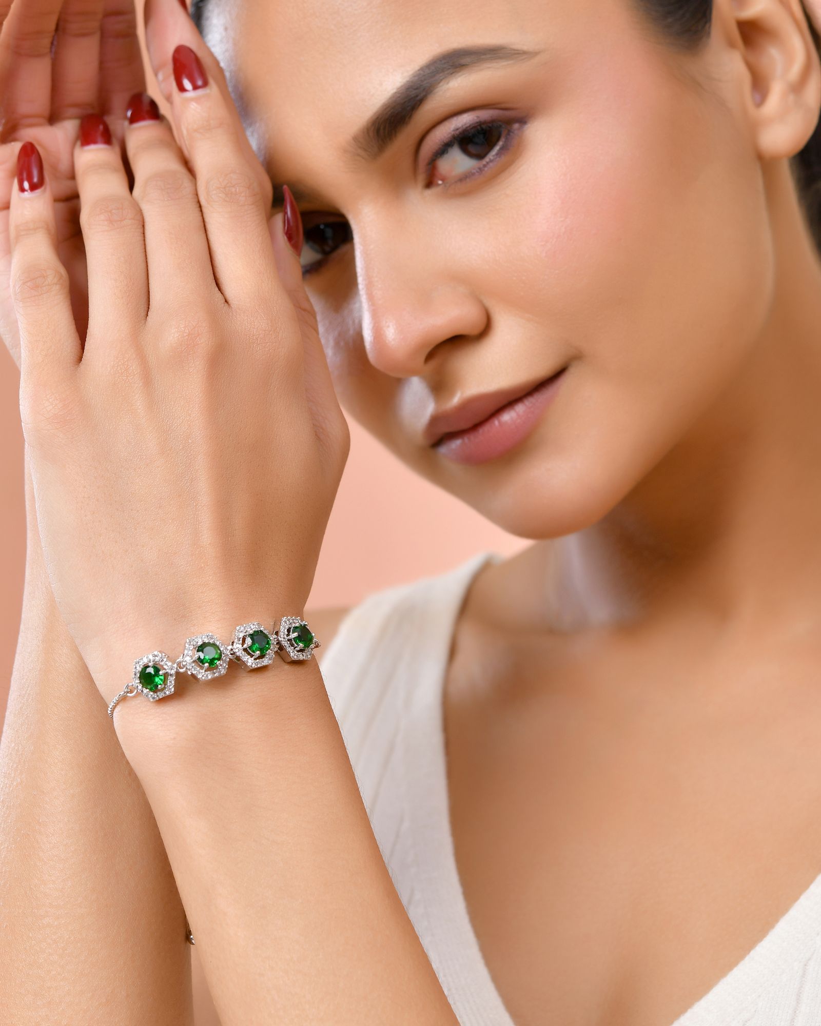 Jewels Nest Emerald Green Stone Diamond-Style Adjustable Bracelet | Grocsy