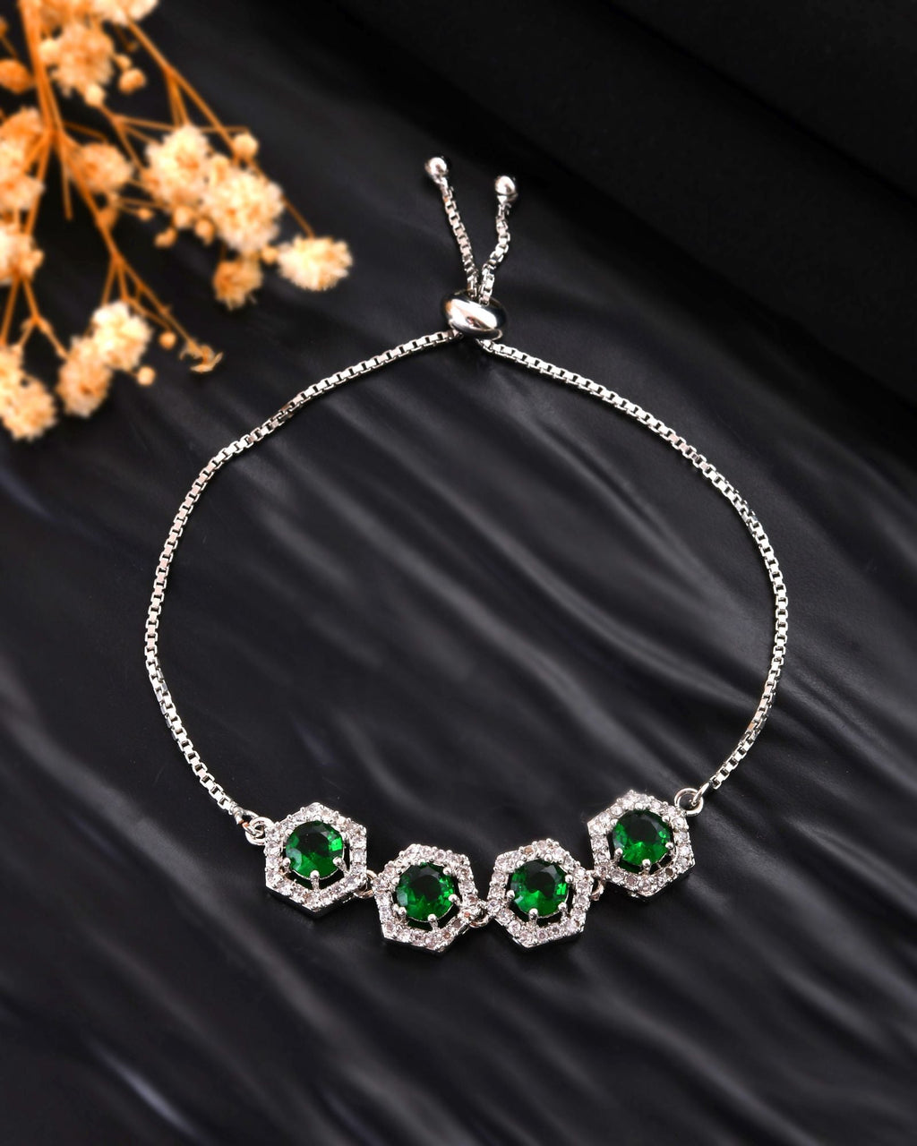 Jewels Nest Emerald Green Stone Diamond-Style Adjustable Bracelet | Grocsy