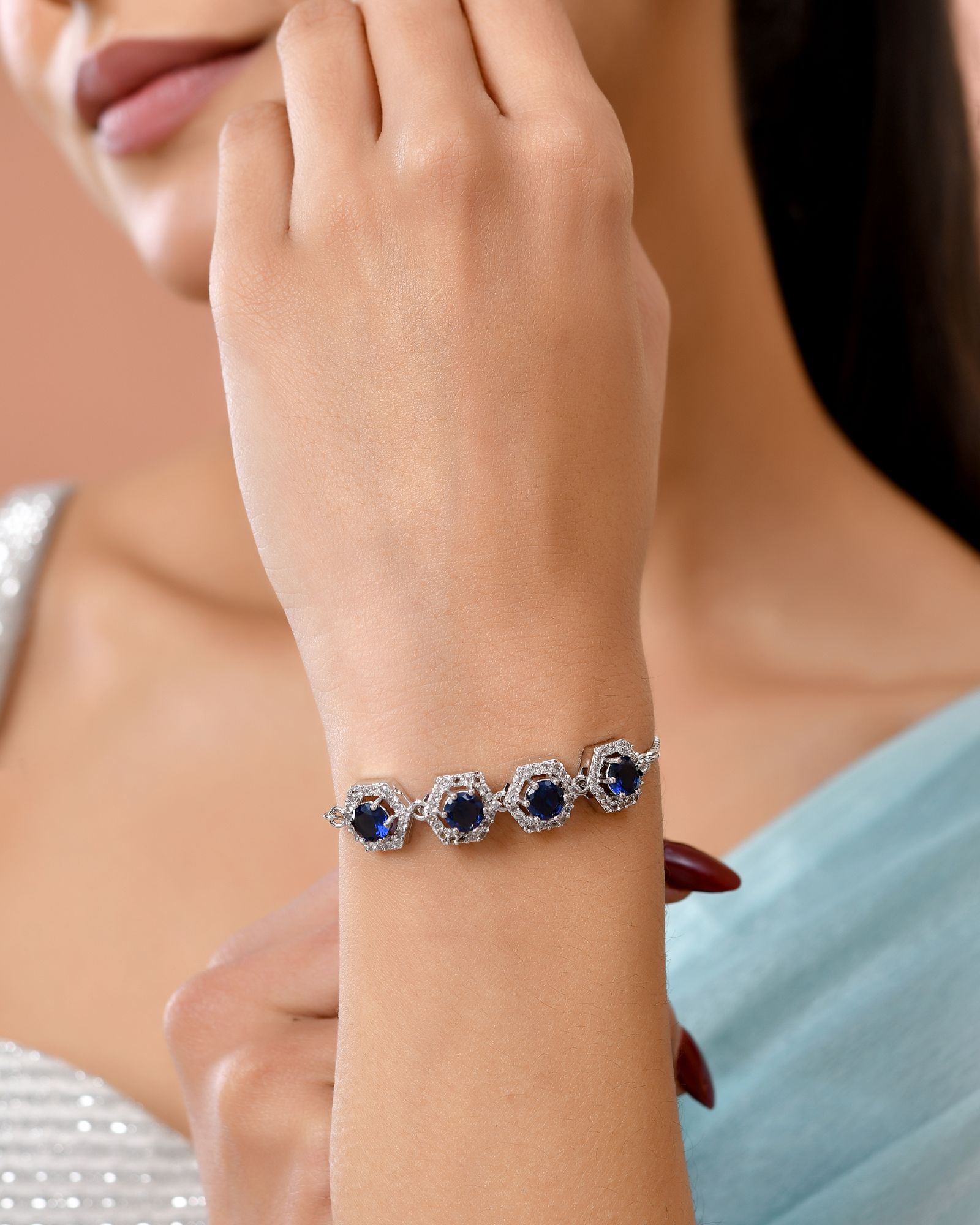 Jewels Nest Blue Stone Diamond-Style Adjustable Bracelet | Grocsy