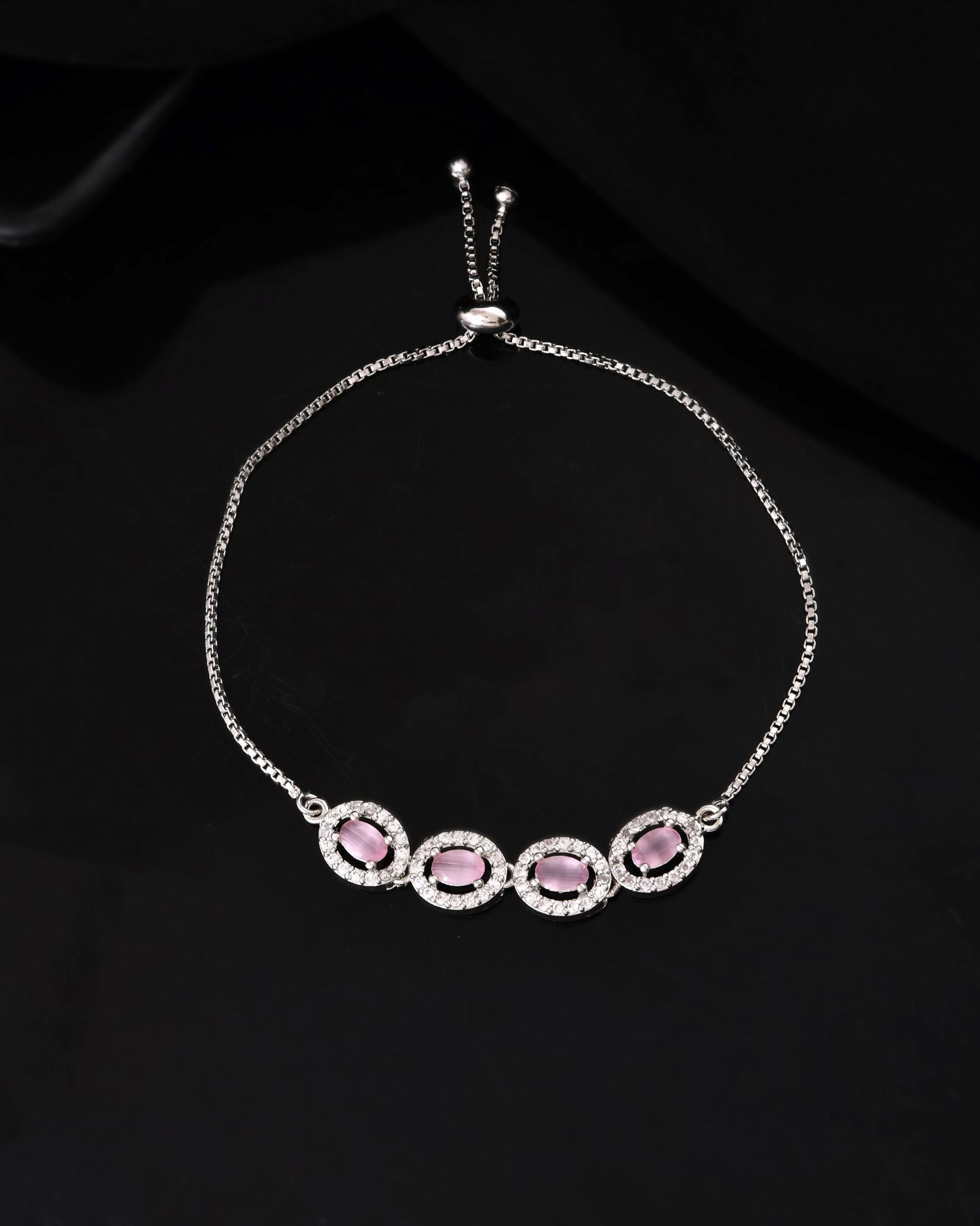Jewels Nest Pink Oval Stone Diamond-Style Adjustable Bracelet | Grocsy