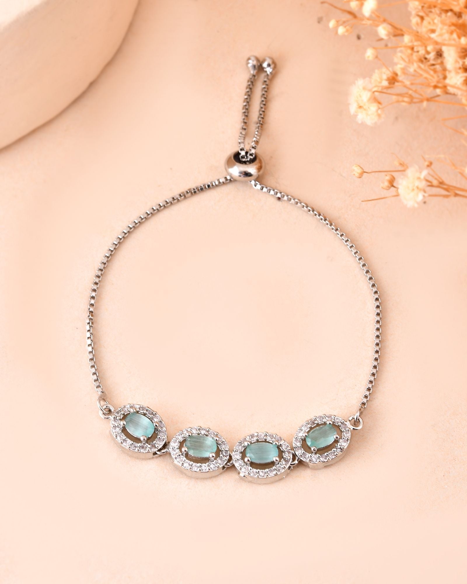 Jewels Nest Mint Green Oval Stone Diamond-Style Adjustable Bracelet | Grocsy