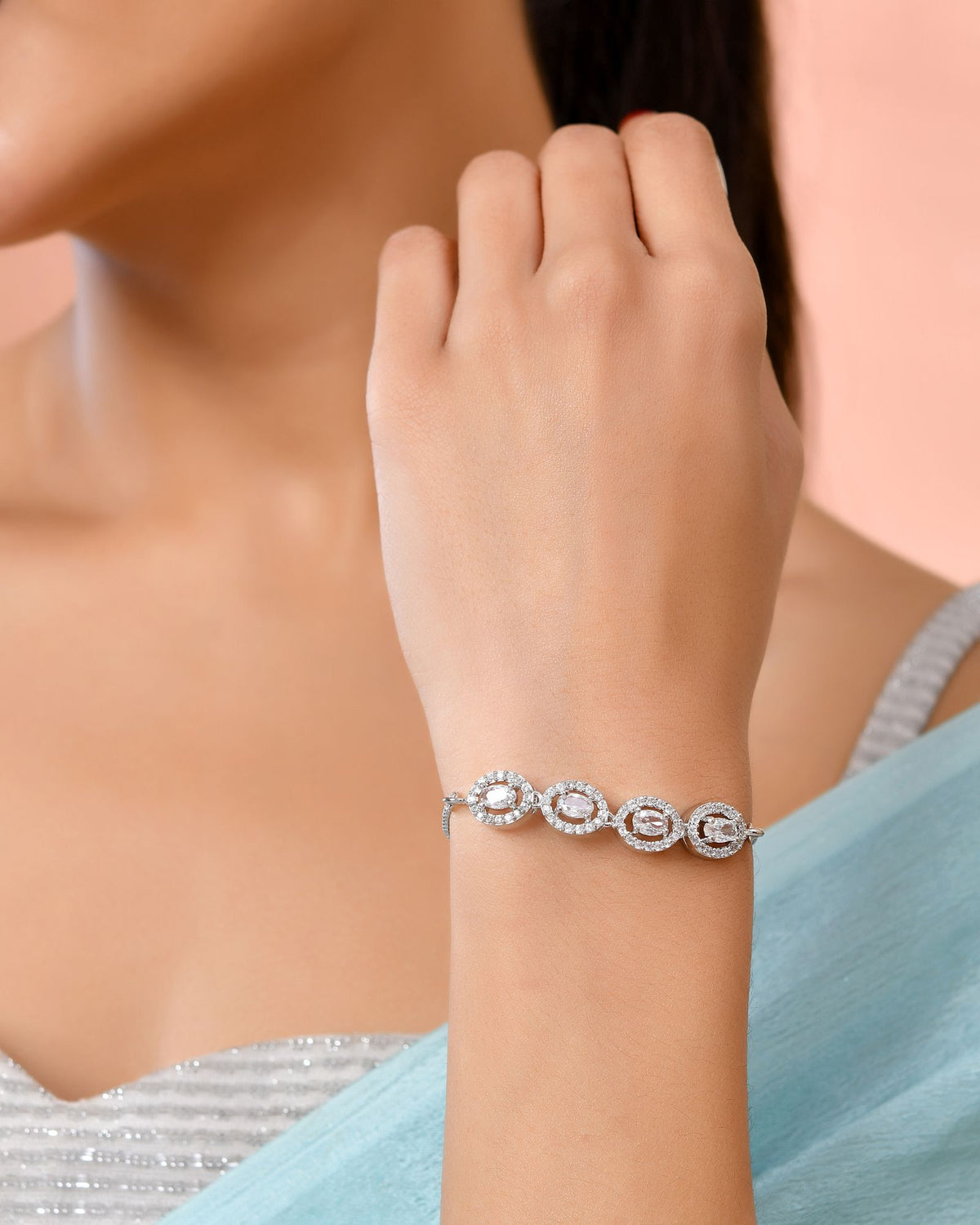Jewels Nest Classic Oval White Stone Diamond-Style Adjustable Bracelet | Grocsy