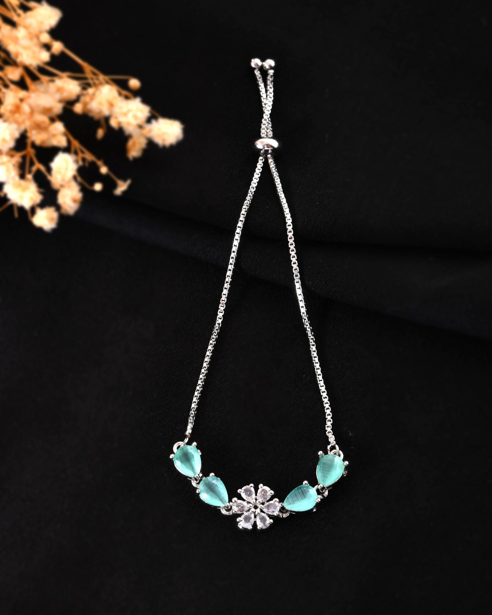 Jewels Nest Mint Green Floral Diamond-Style Adjustable Bracelet For Women | Grocsy