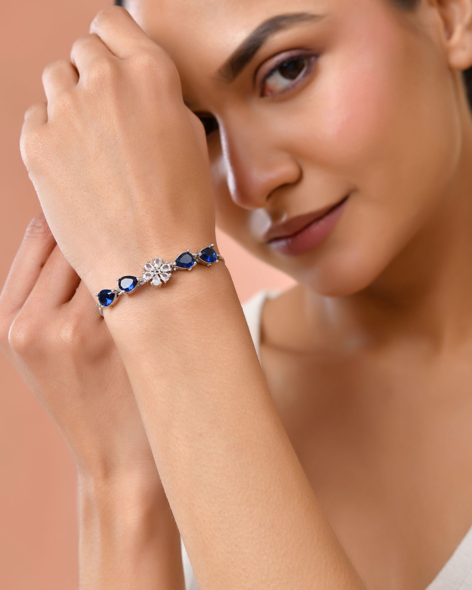 Jewels Nest Royal Blue Floral Diamond-Style Adjustable Bracelet | Grocsy