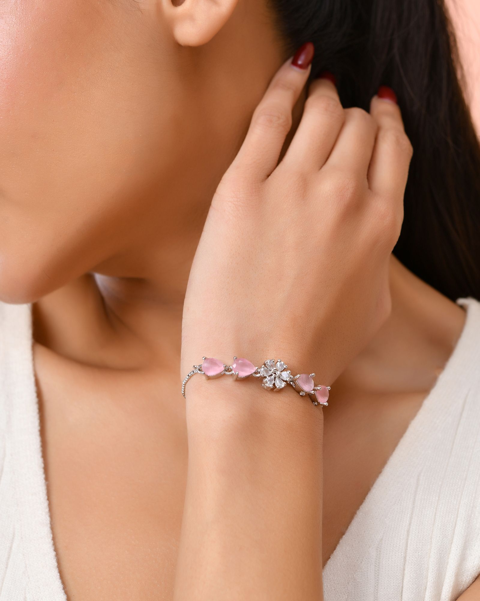 Jewels Nest Soft Pink Floral Diamond-Style Adjustable Bracelet | Grocsy