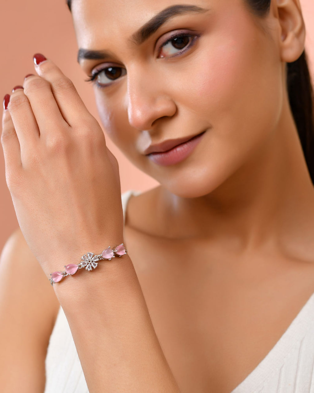 Jewels Nest Soft Pink Floral Diamond-Style Adjustable Bracelet | Grocsy