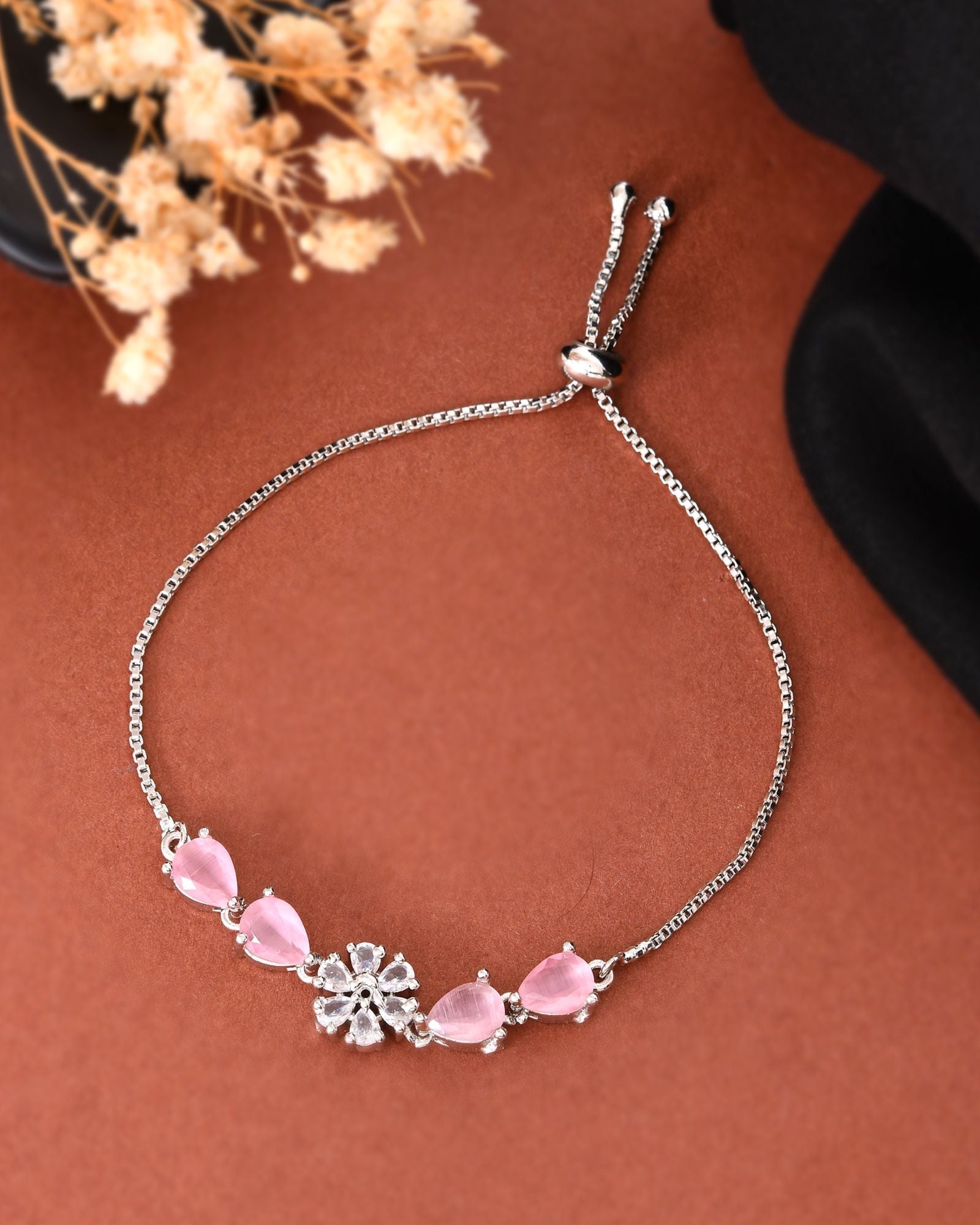 Jewels Nest Soft Pink Floral Diamond-Style Adjustable Bracelet | Grocsy